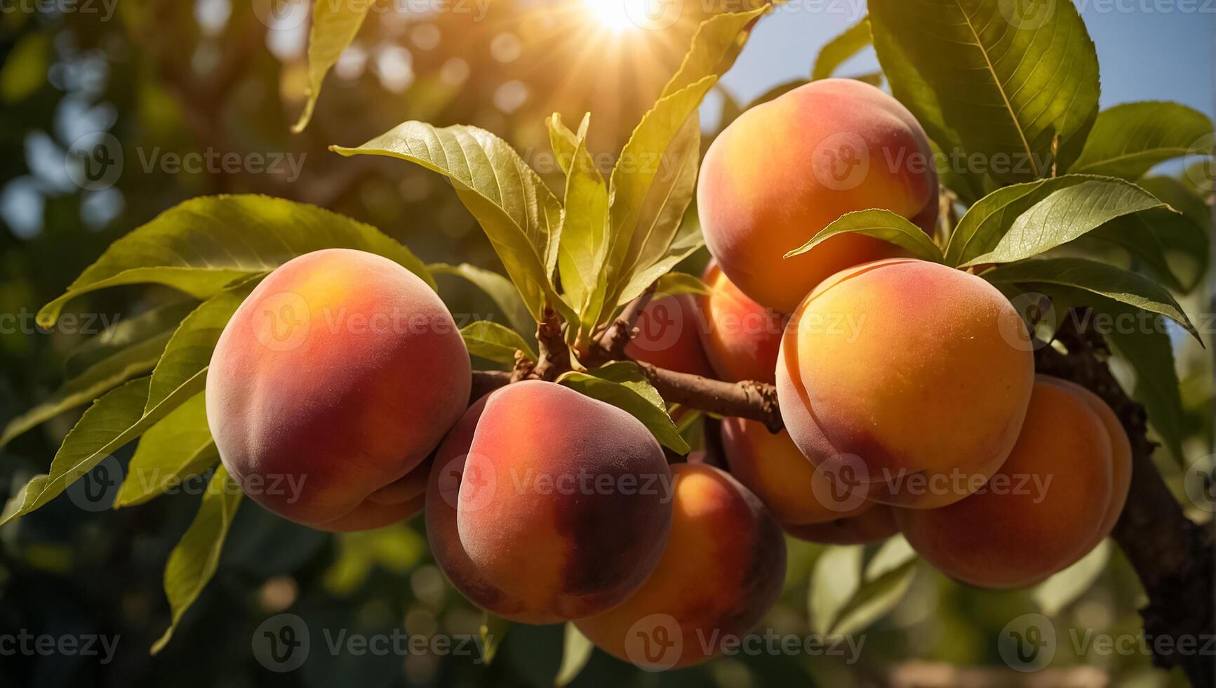 AI generated ripe peaches on a branch in the garden photo