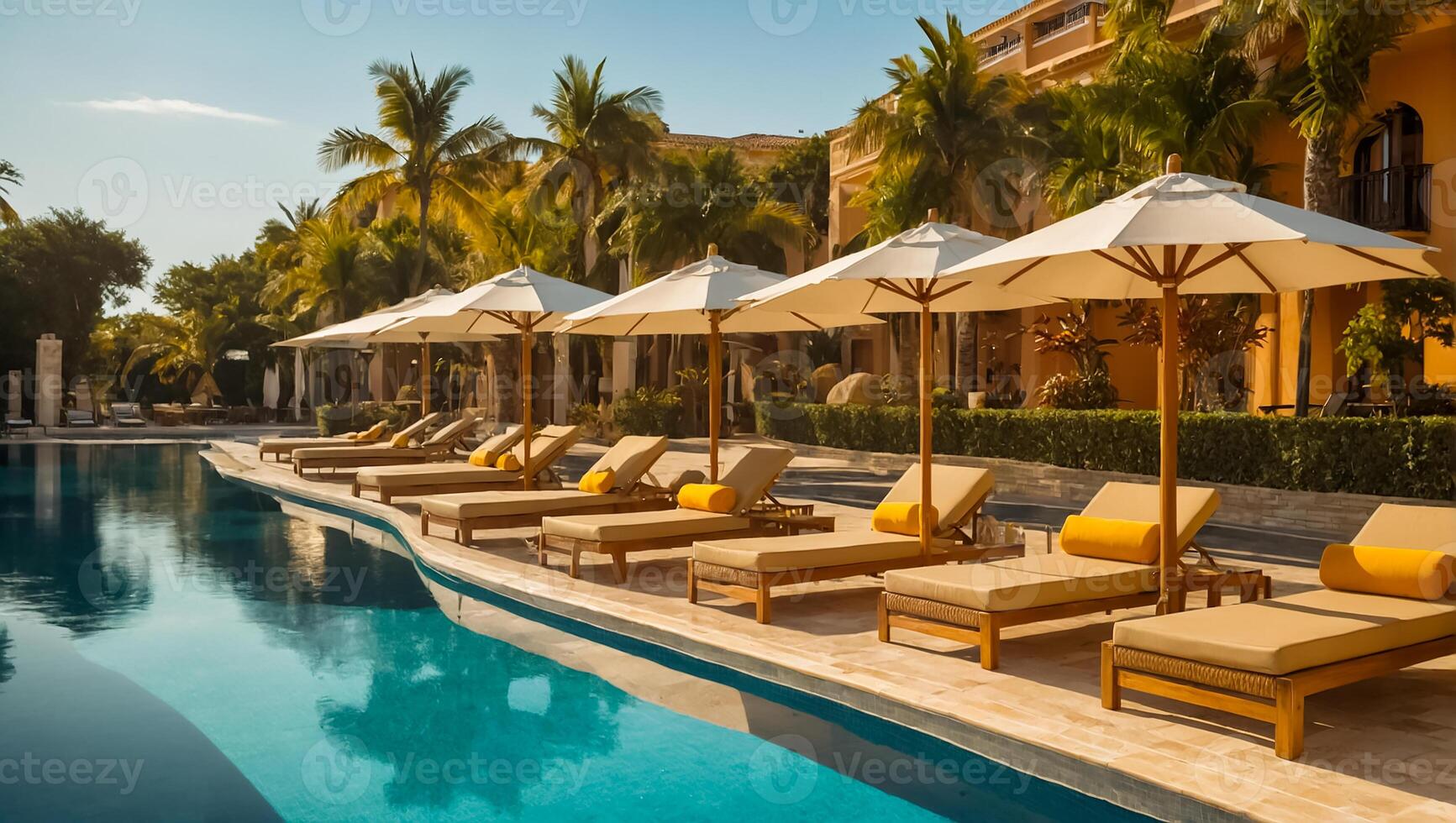 AI generated sun lounger with umbrella by the pool, hotel photo