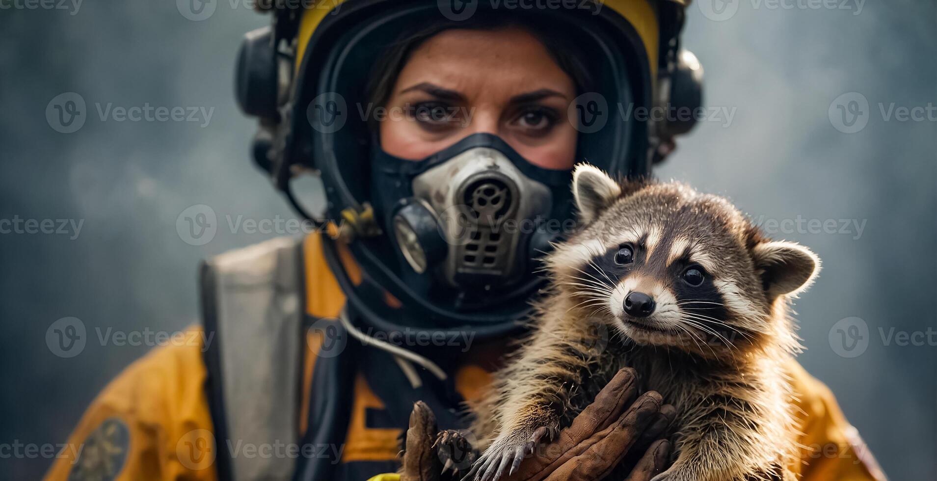 AI generated woman firefighter holds a rescued raccoon in her arms photo