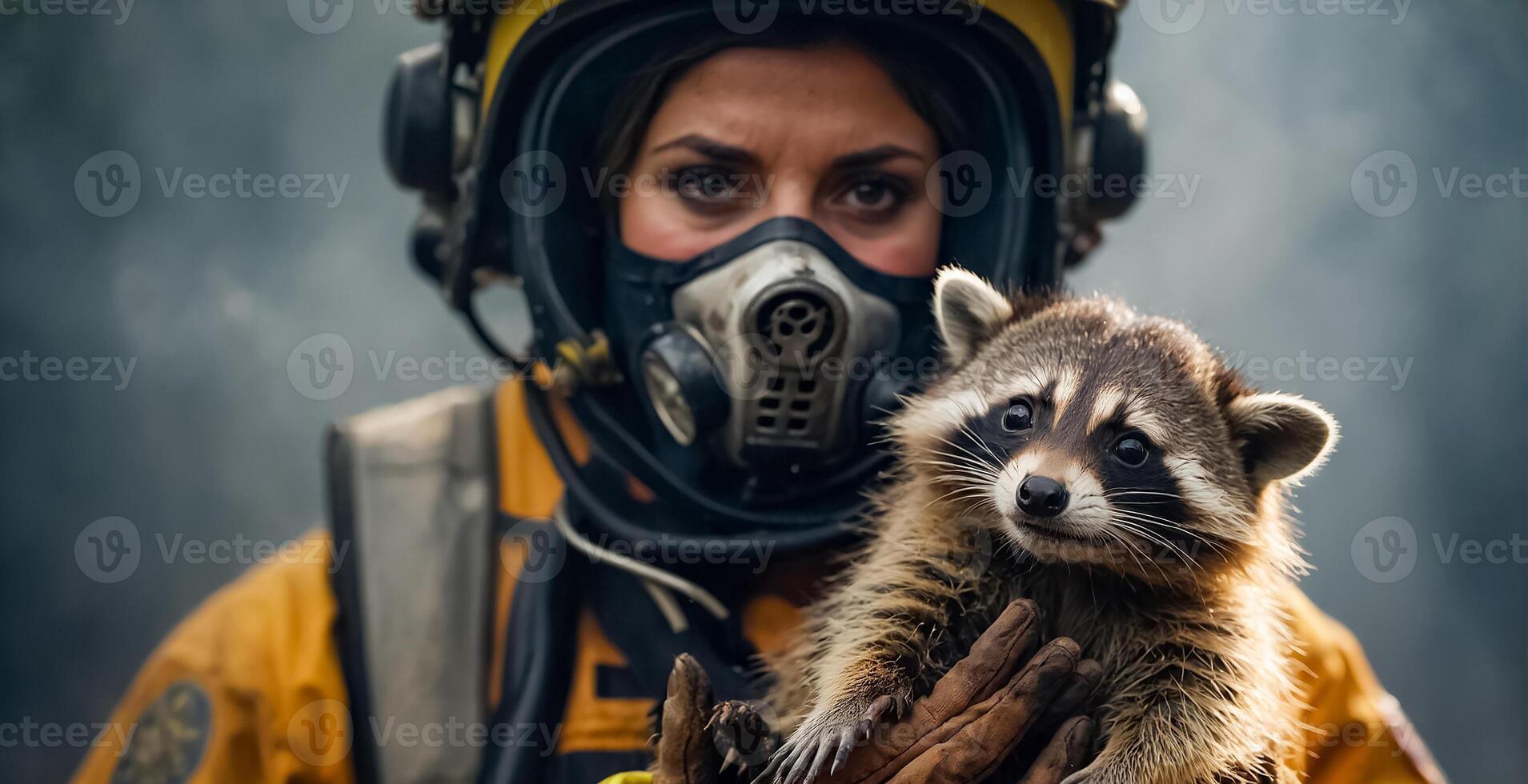 ai generado mujer bombero sostiene un rescatado mapache en su brazos foto