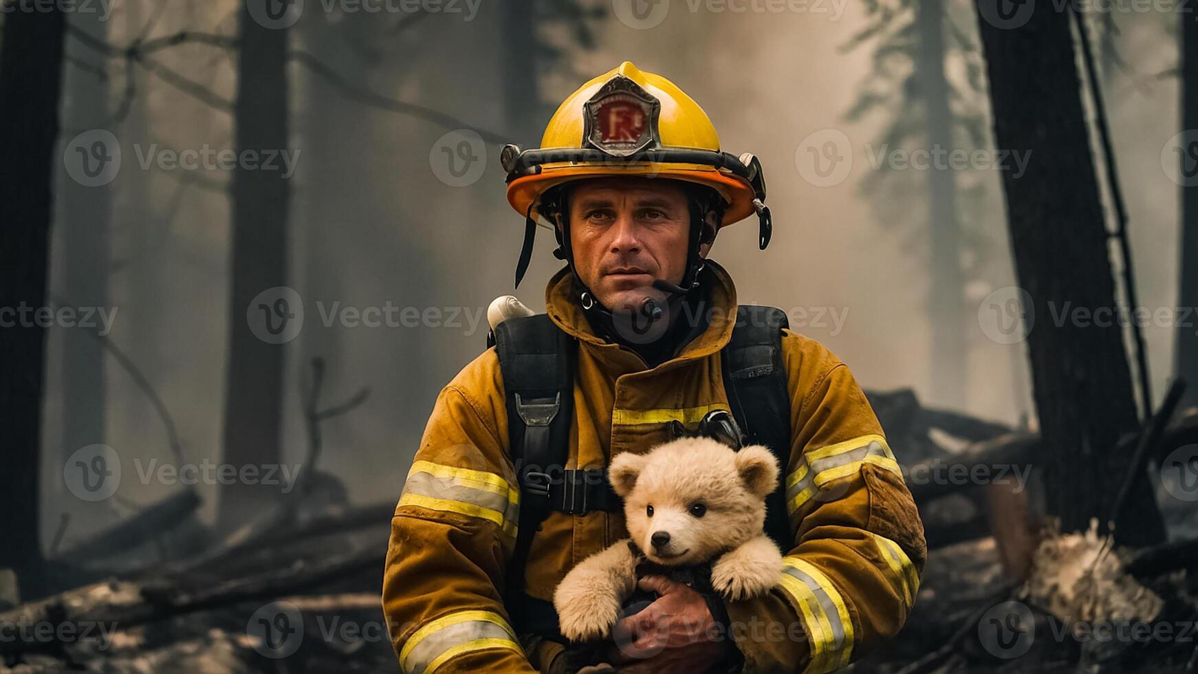 ai generado hombre bombero sostiene un rescatado pequeño osito de peluche oso en su brazos fauna silvestre foto