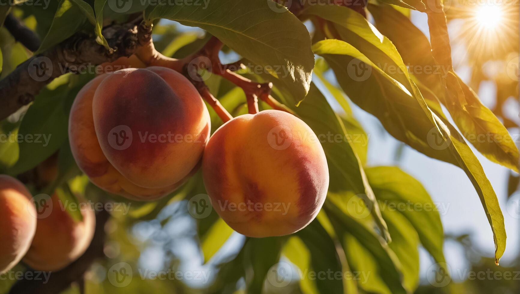 AI generated ripe peaches on a branch in the garden photo