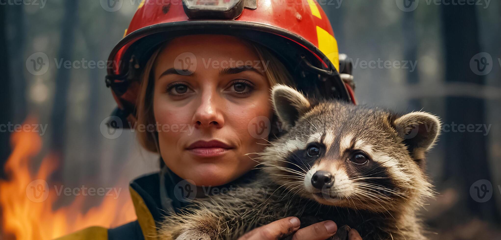 AI generated woman firefighter holds a rescued raccoon in her arms photo