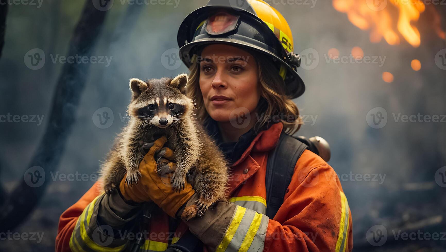 AI generated woman firefighter holds a rescued raccoon in her arms photo