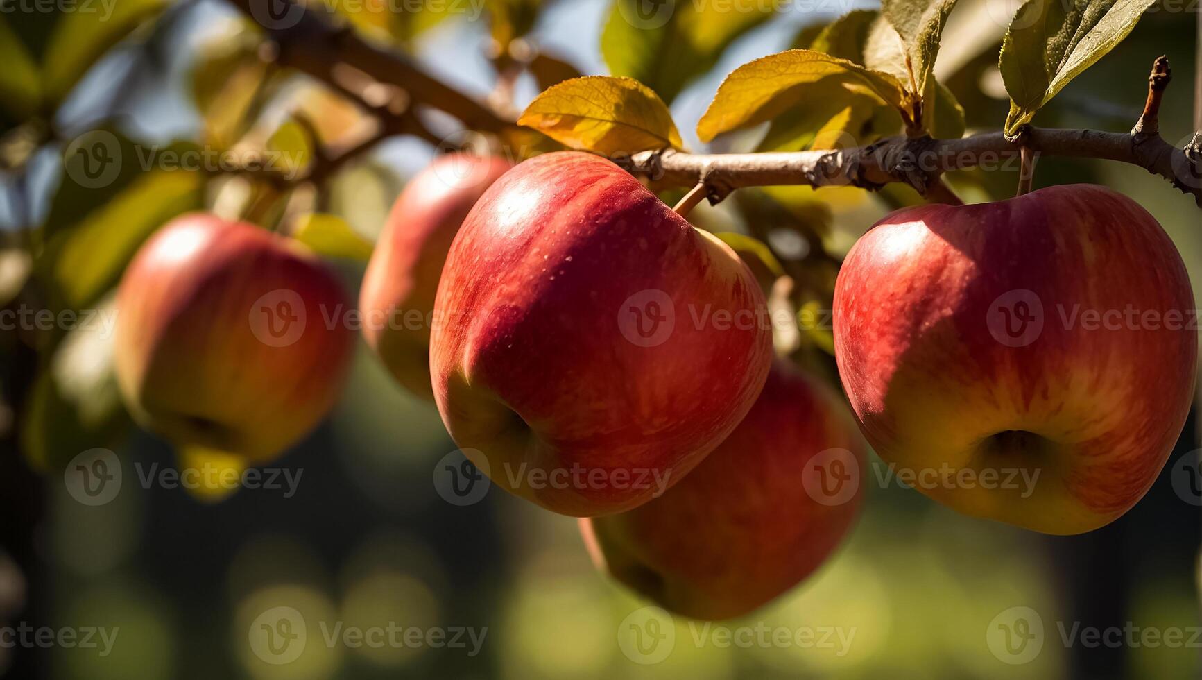 AI generated ripe red apples on a branch in the garden photo