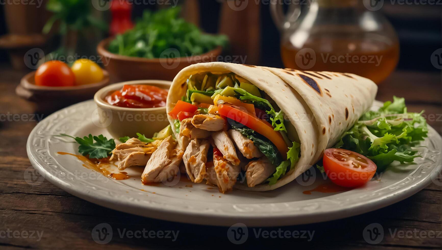 AI generated Delicious shawarma with chicken and vegetables in the kitchen photo