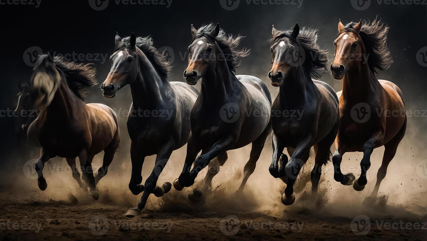 AI generated Magnificent herd of dark horses in the background photo