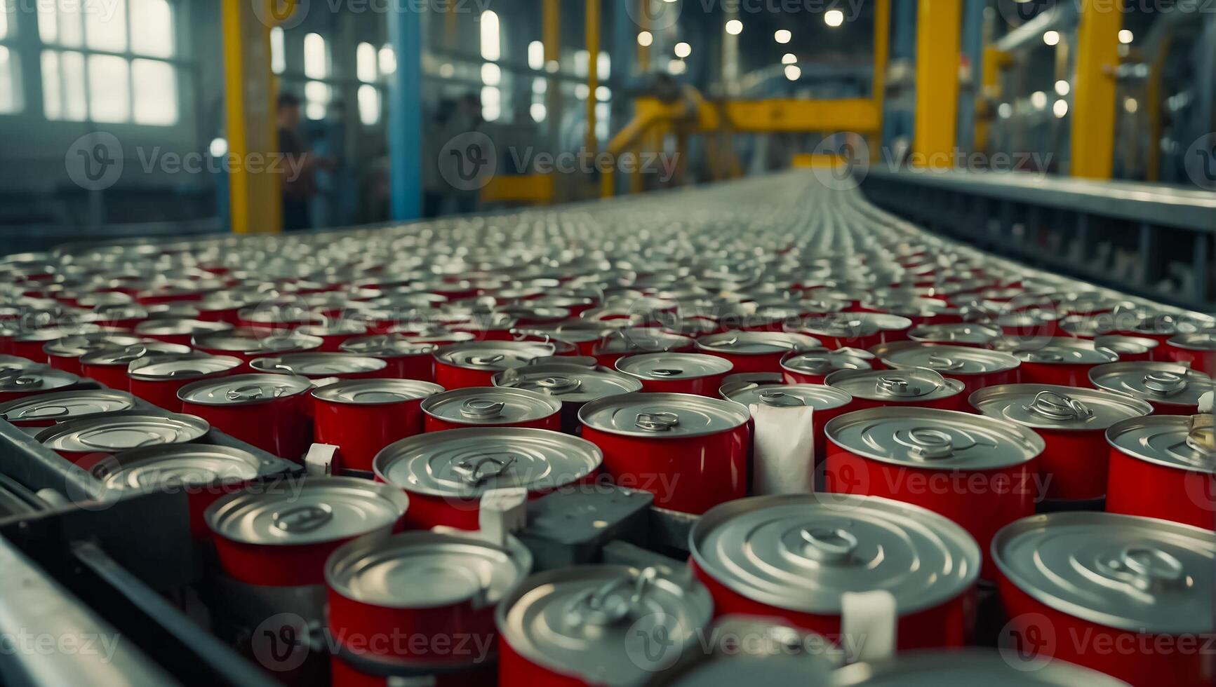 AI generated iron cans with drinks on a conveyor belt photo