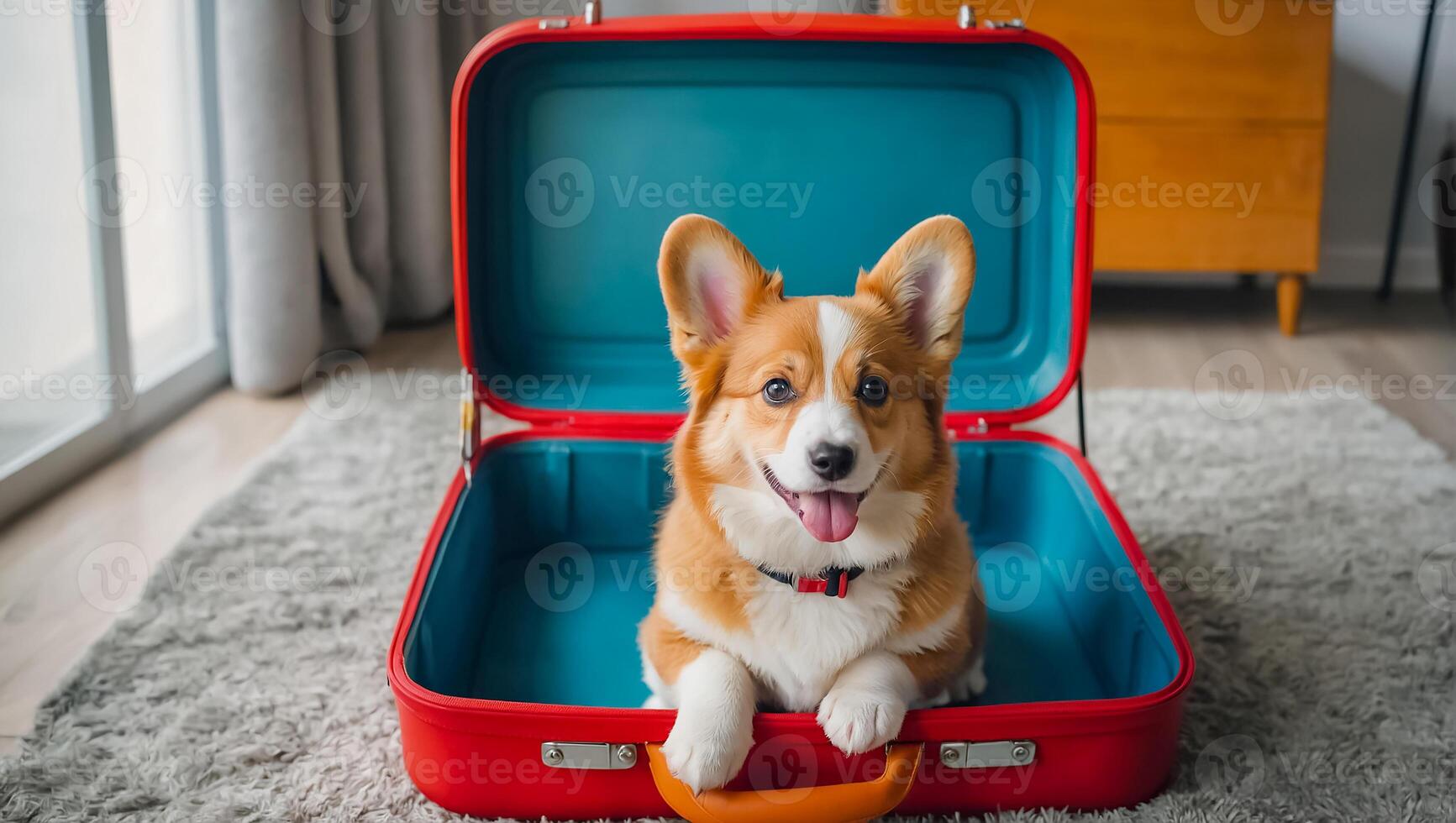 AI generated Cute dog with a suitcase in the apartment photo