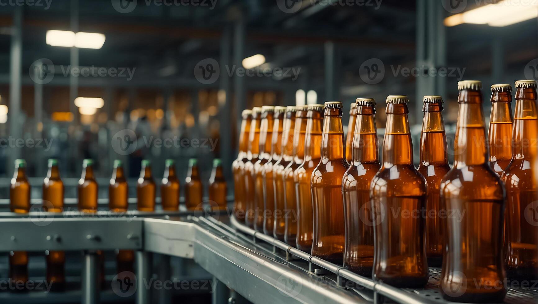 AI generated glass beer bottles on a conveyor belt photo