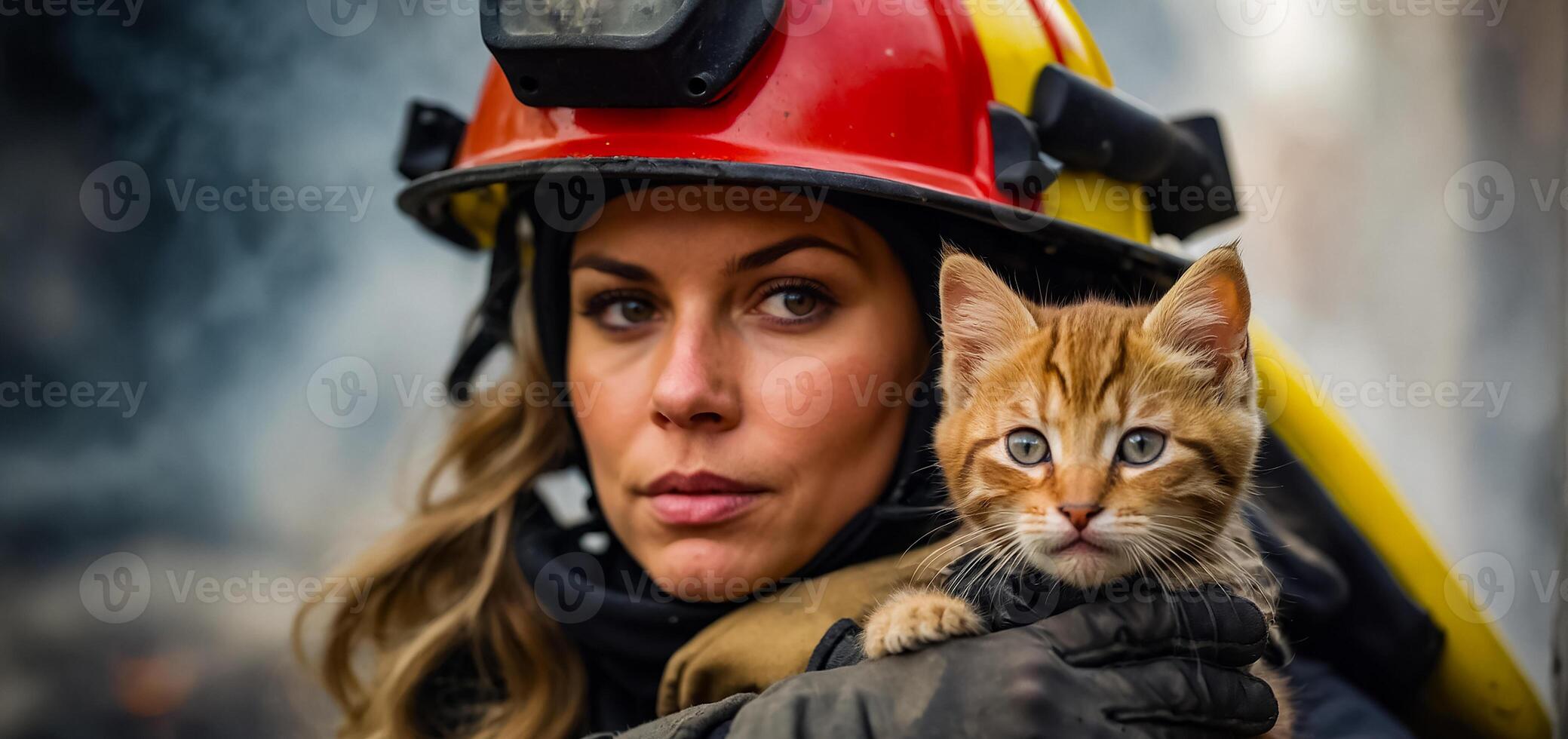 AI generated Portrait of a female firefighter holding a rescued kitten in her arms photo