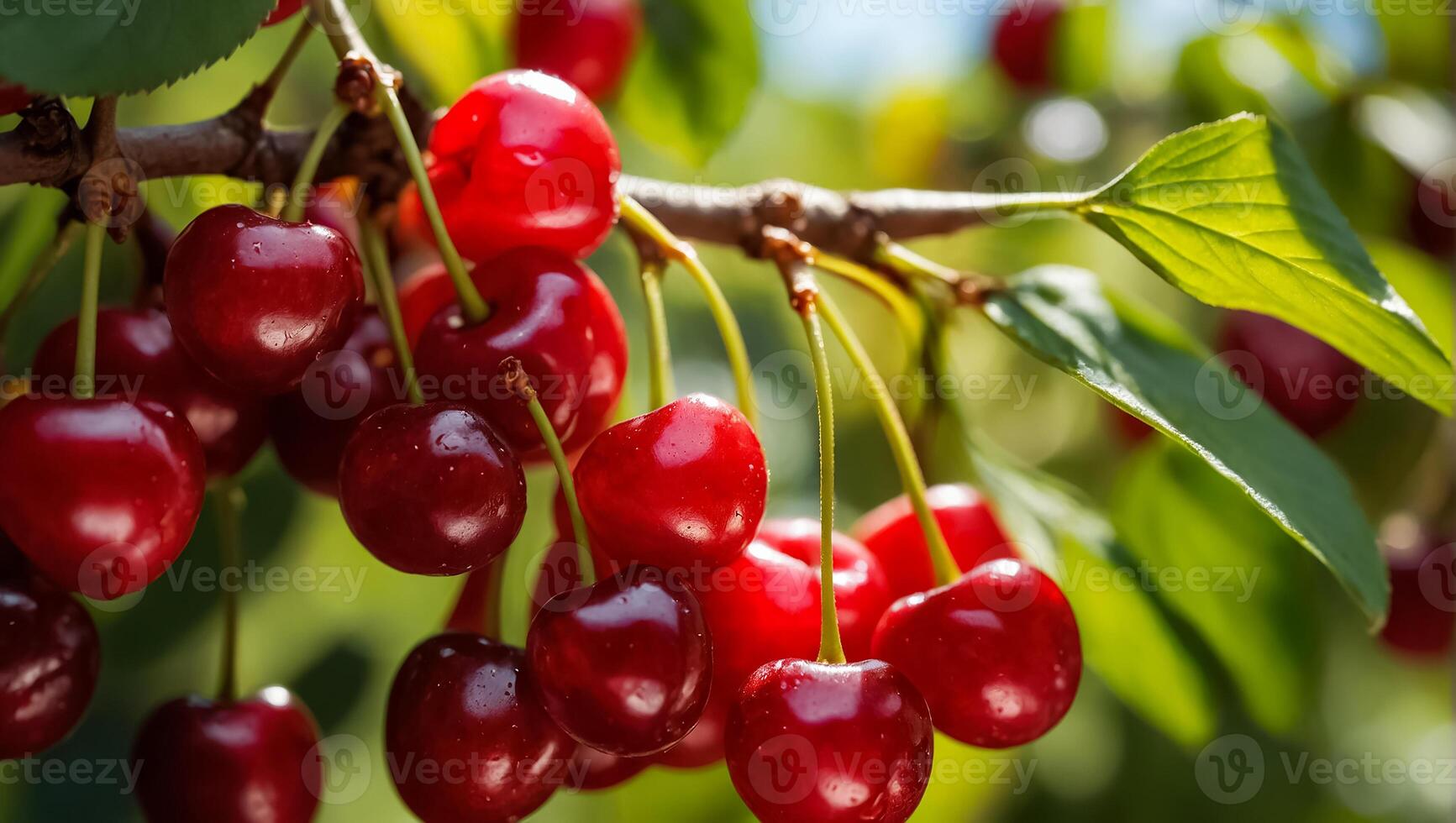 AI generated ripe cherries on a branch photo