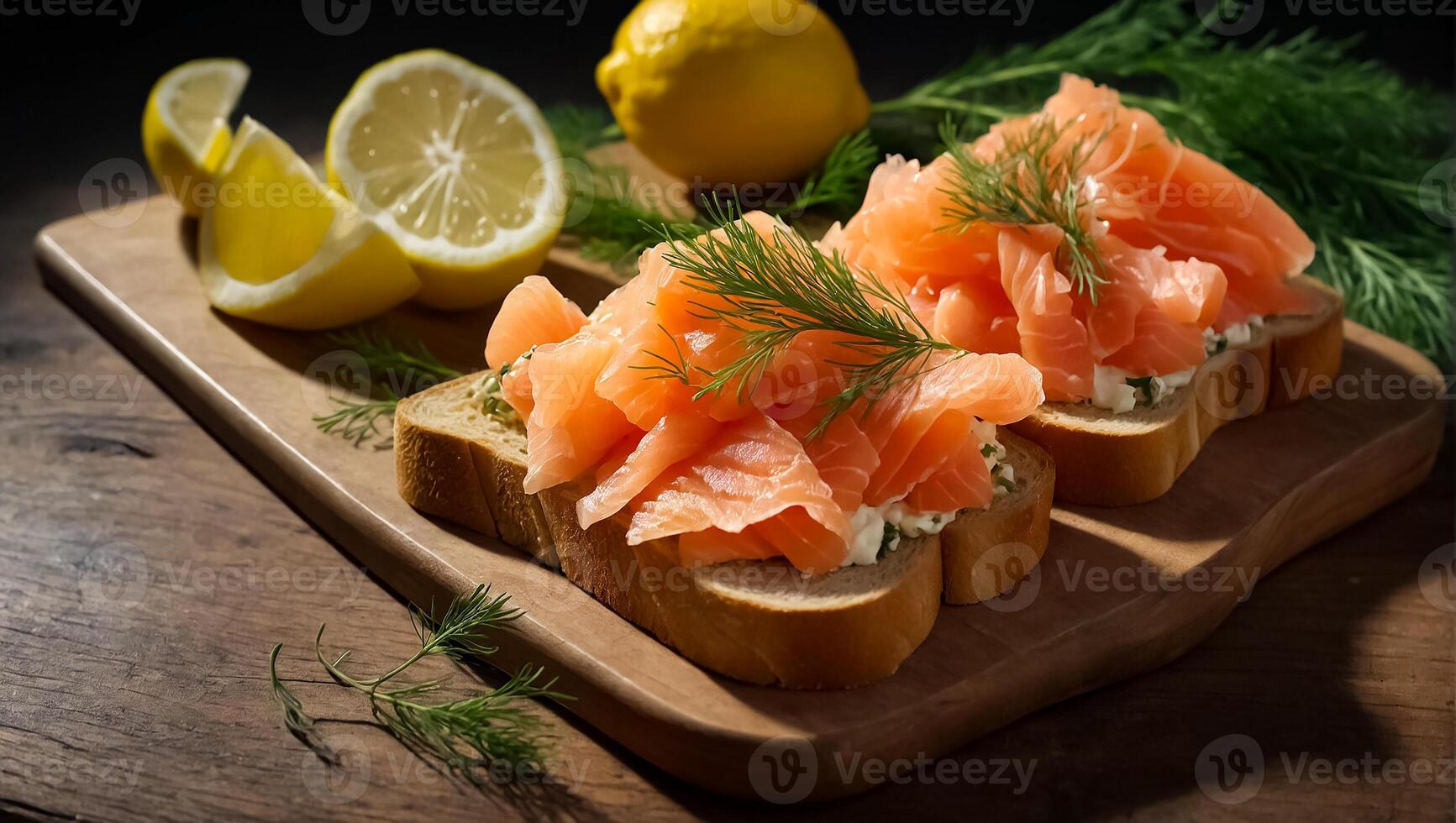 AI generated Bread with fresh salmon sliced delicious salmon on a wooden board photo