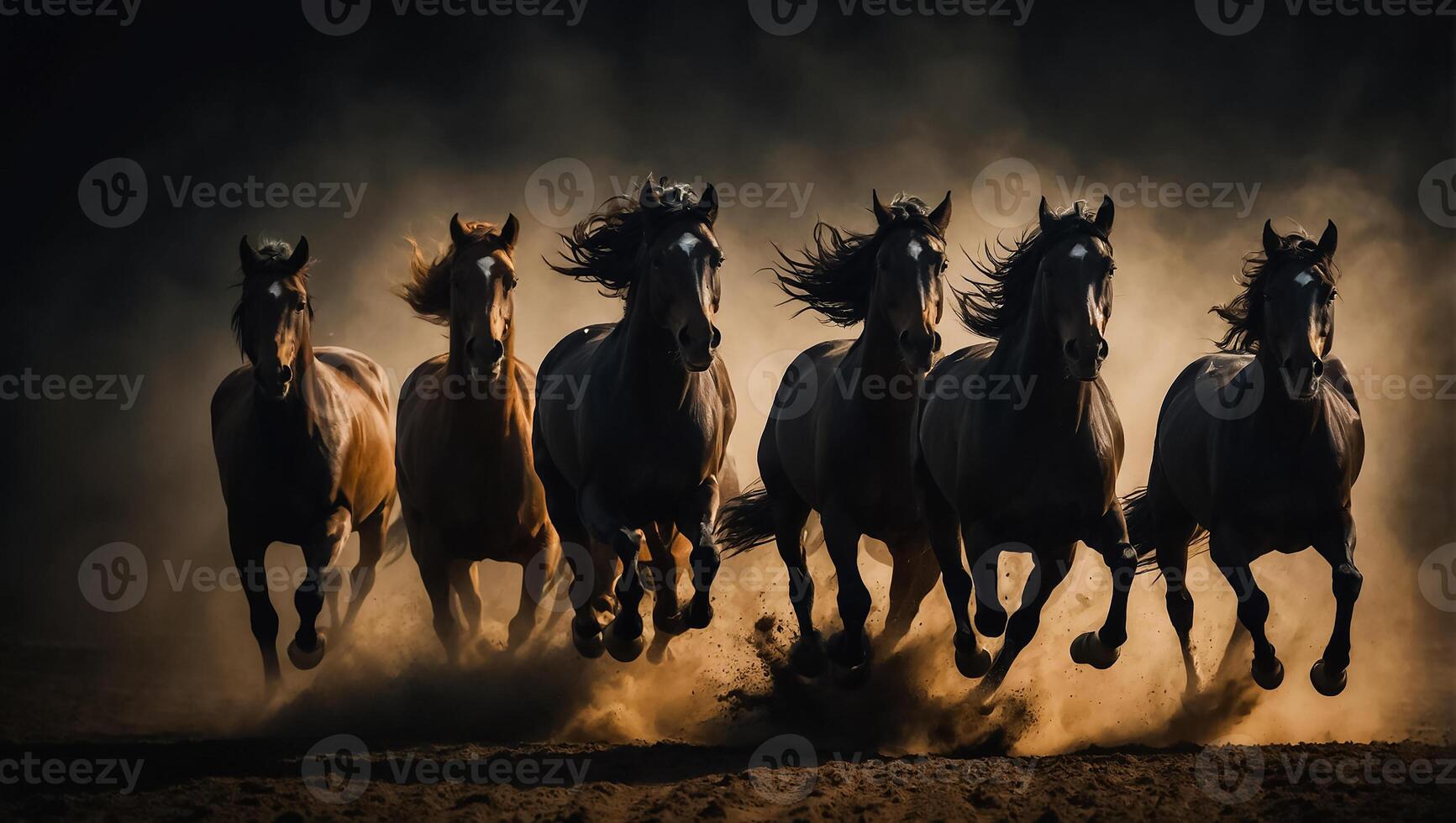 AI generated Magnificent herd of dark horses in the background photo