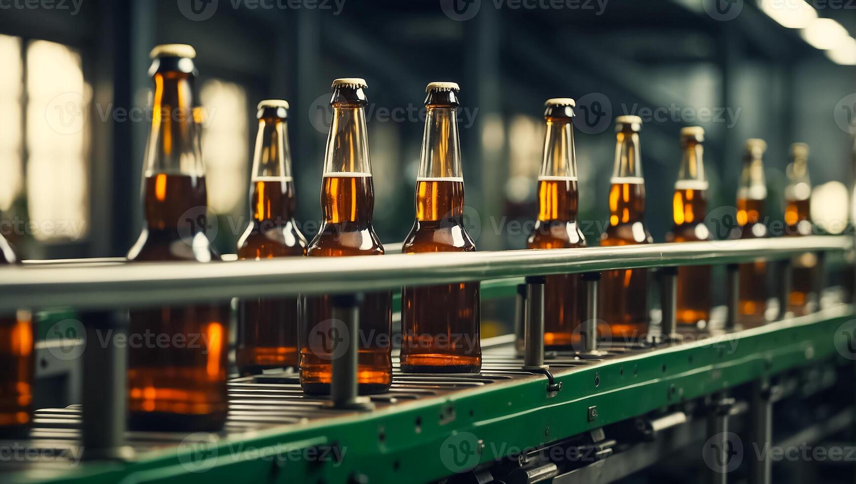 AI generated glass beer bottles on a conveyor belt photo