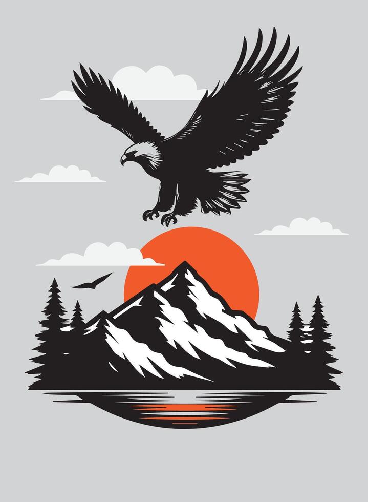 Eagle flying over the mountains. Vector illustration on gray background.