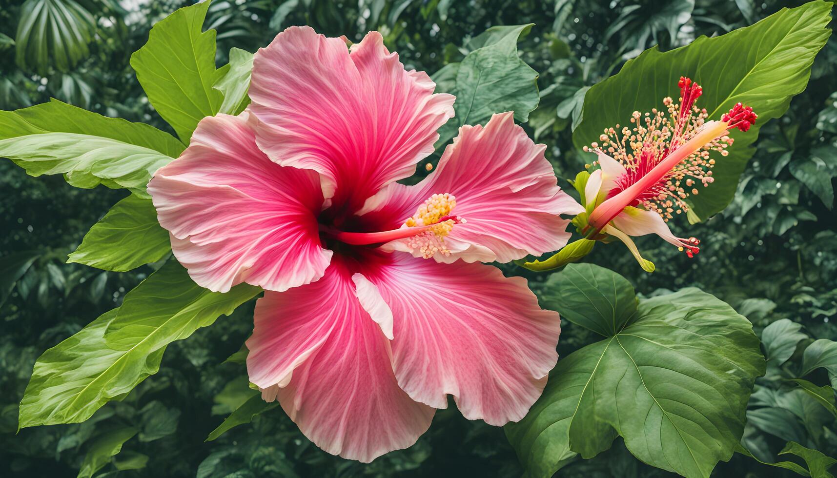 AI generated a pink flower with green leaves in the background photo