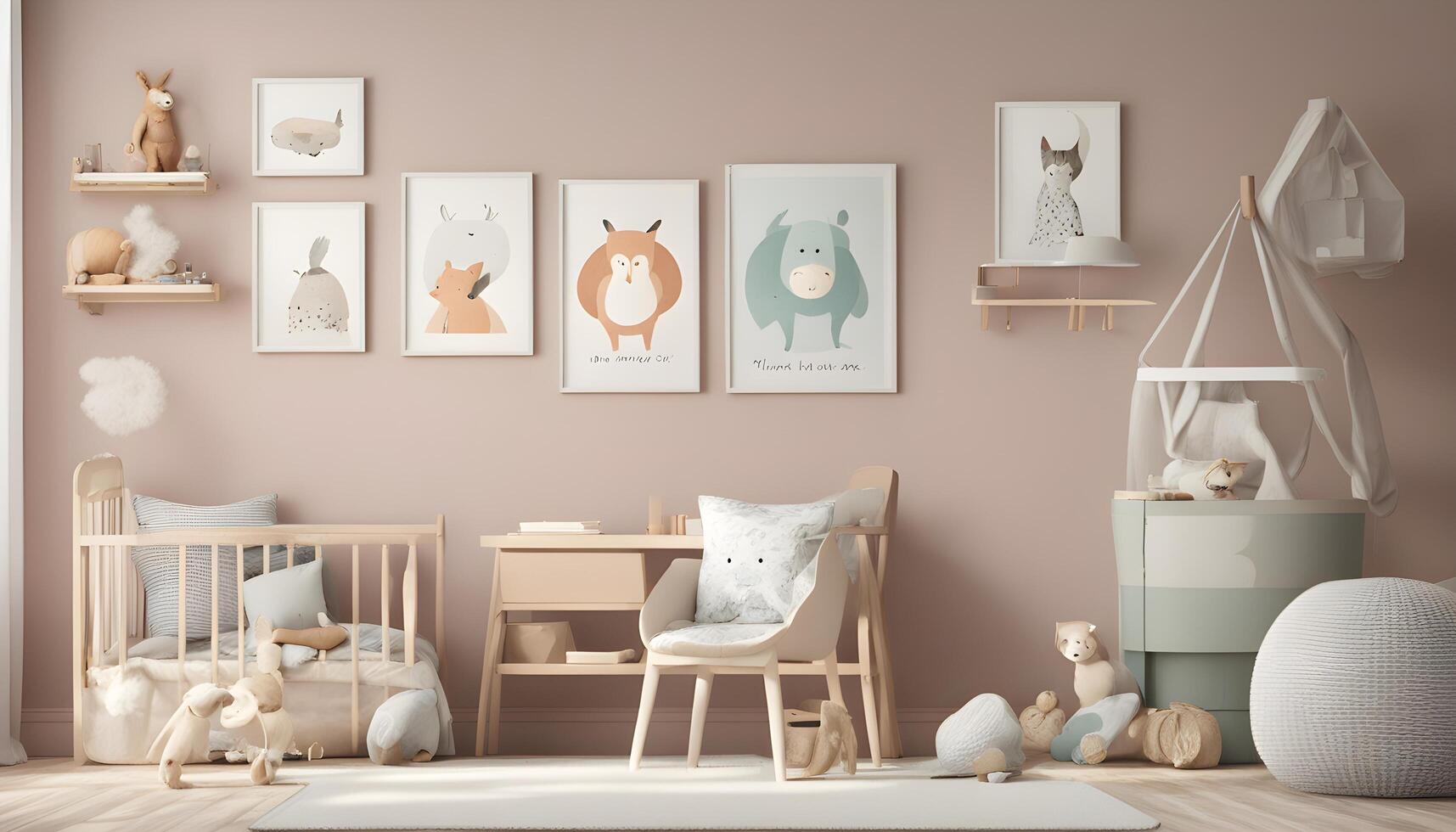 AI generated a baby's room with a crib, toys and pictures photo