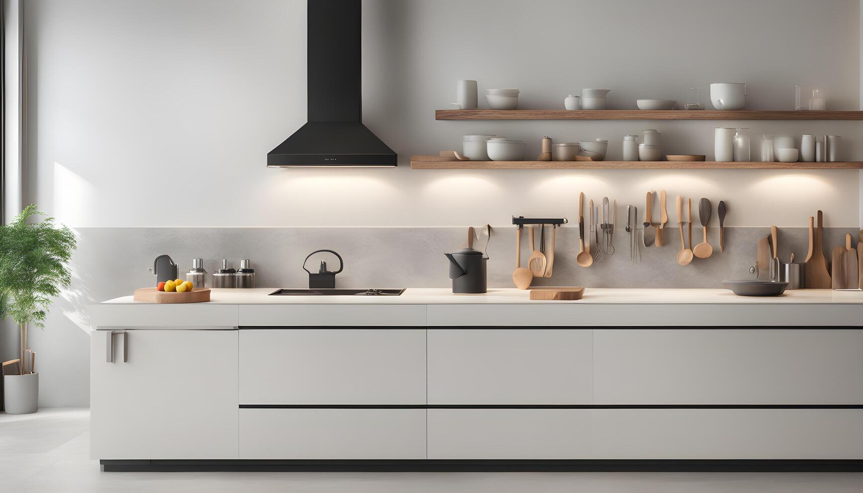AI generated a modern kitchen with white cabinets and wooden shelves photo