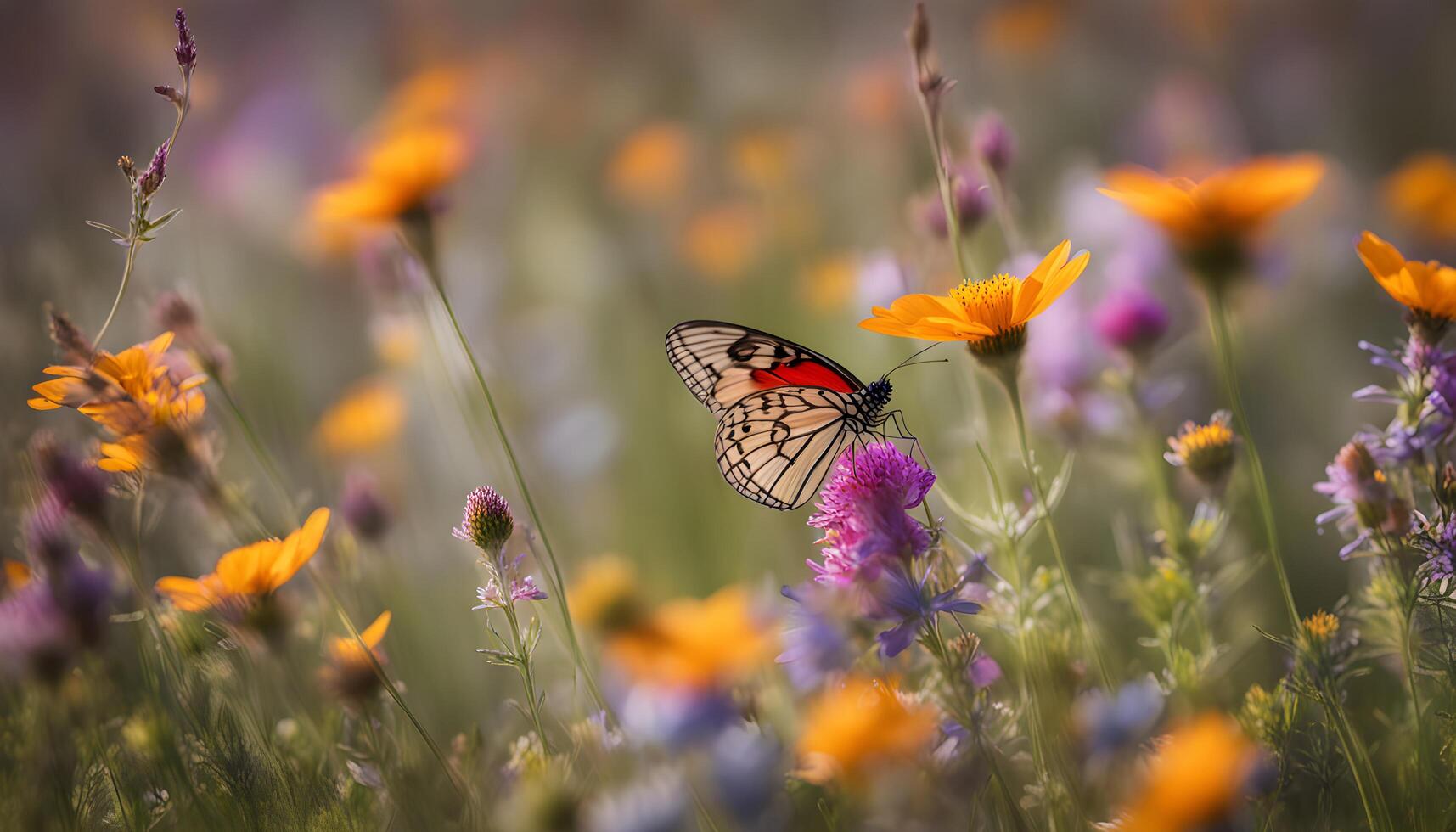 ai generado un mariposa es sentado en un flor en un campo foto