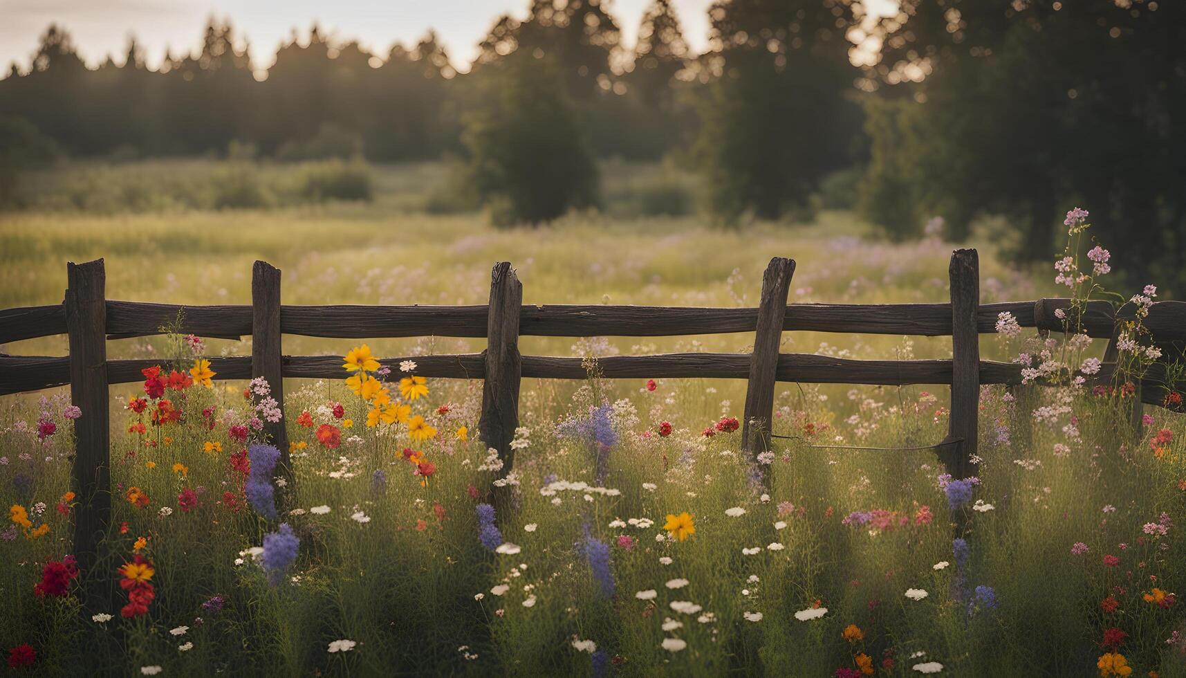 AI generated a fence with flowers in the foreground photo