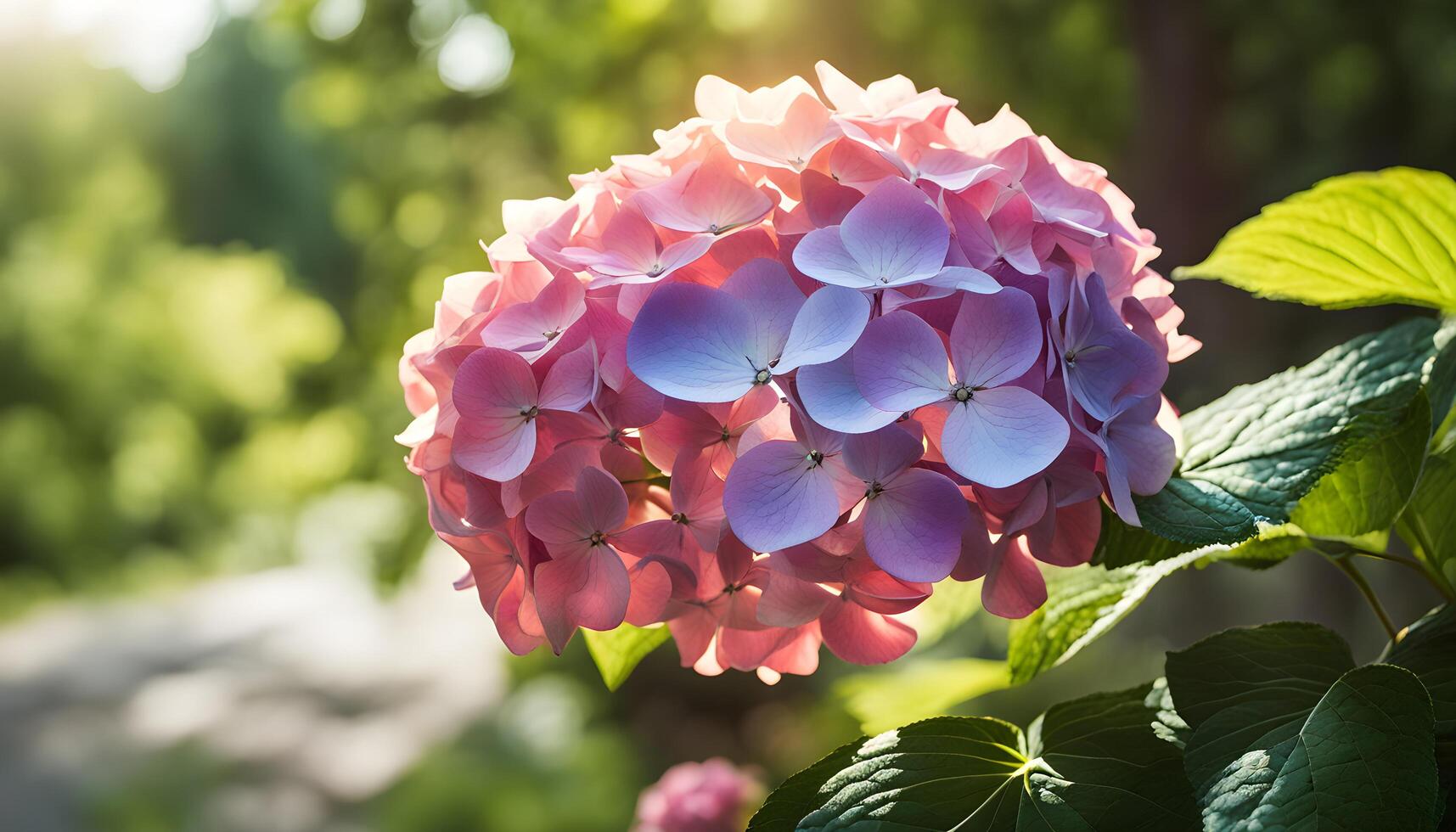 AI generated a pink flower is in the sunlight with green leaves photo