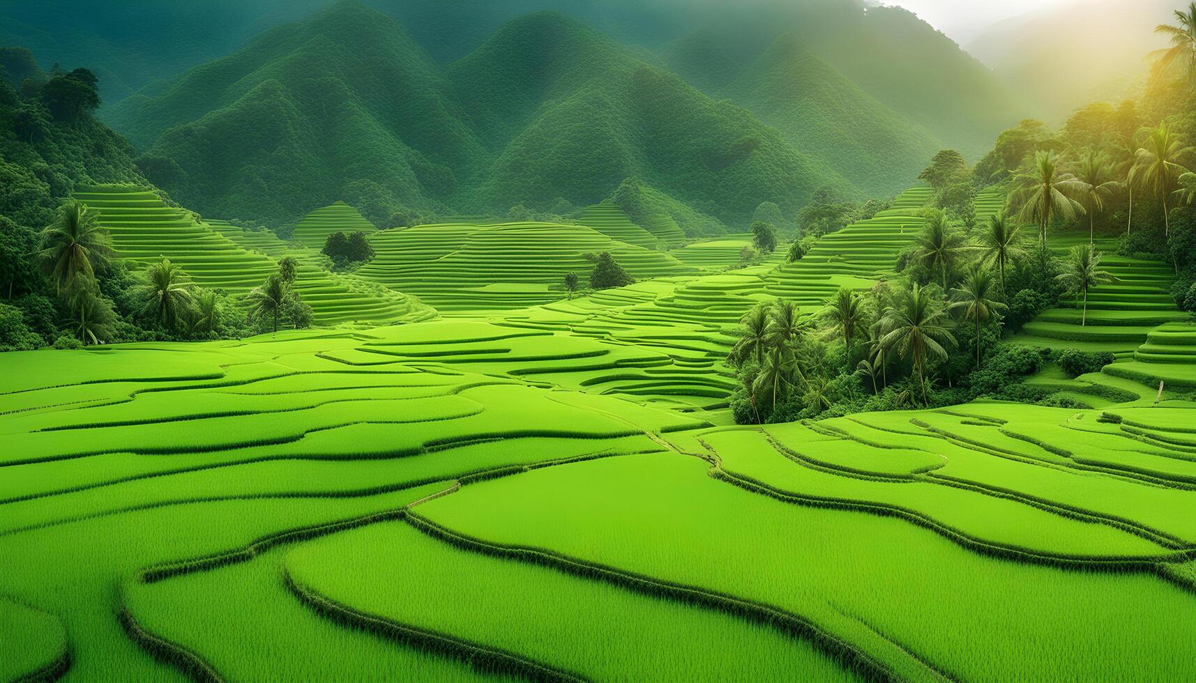 ai generado un verde arroz campo con palma arboles y montañas foto