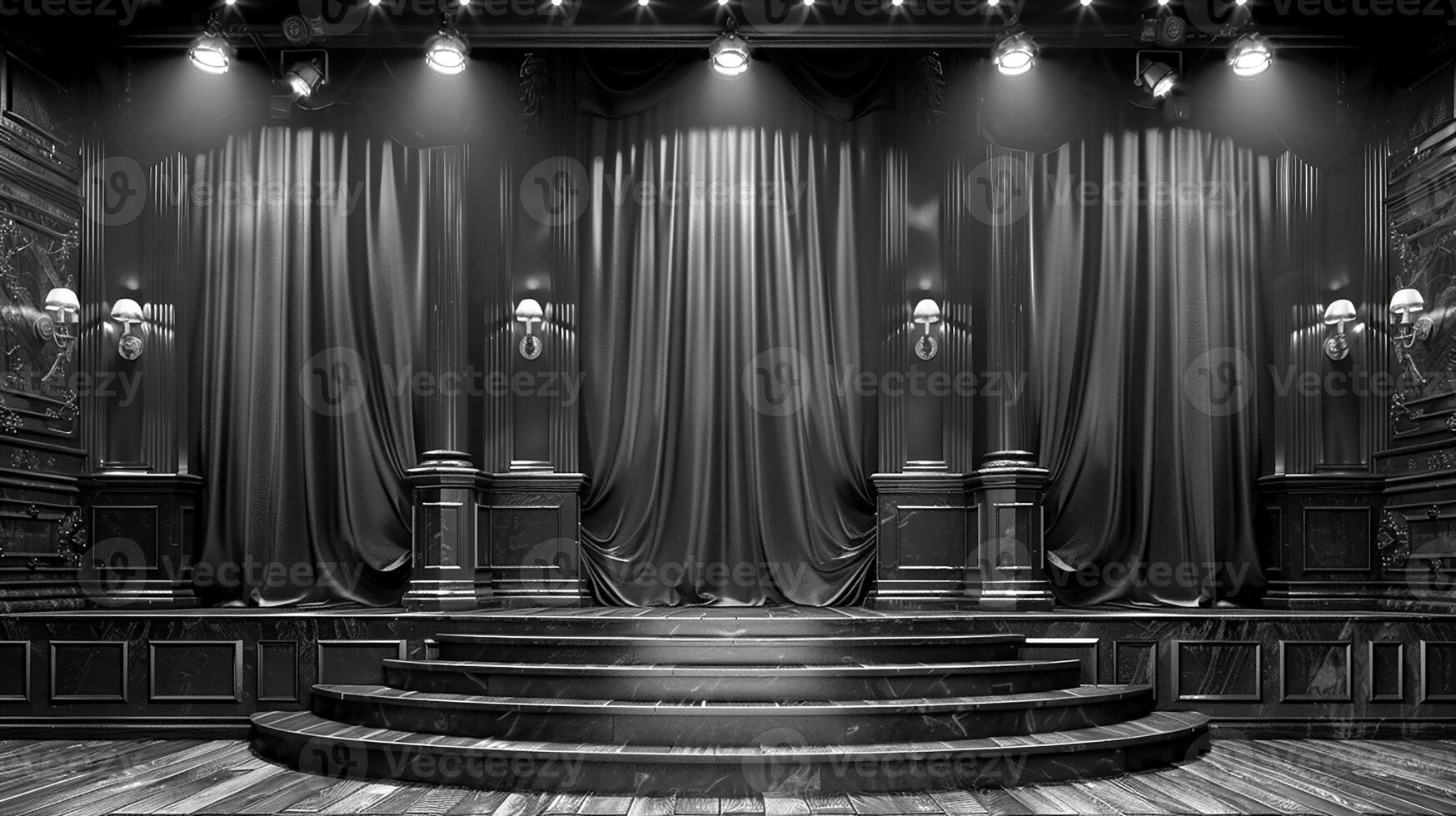 AI generated black and white photo of a stage with curtains