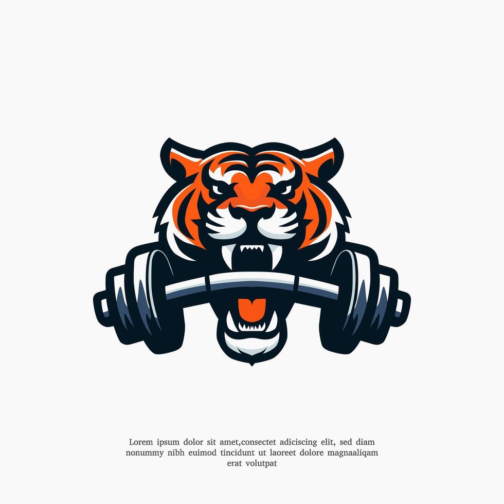 tiger gym fitness mouth dumbbell logo vector icon illustration