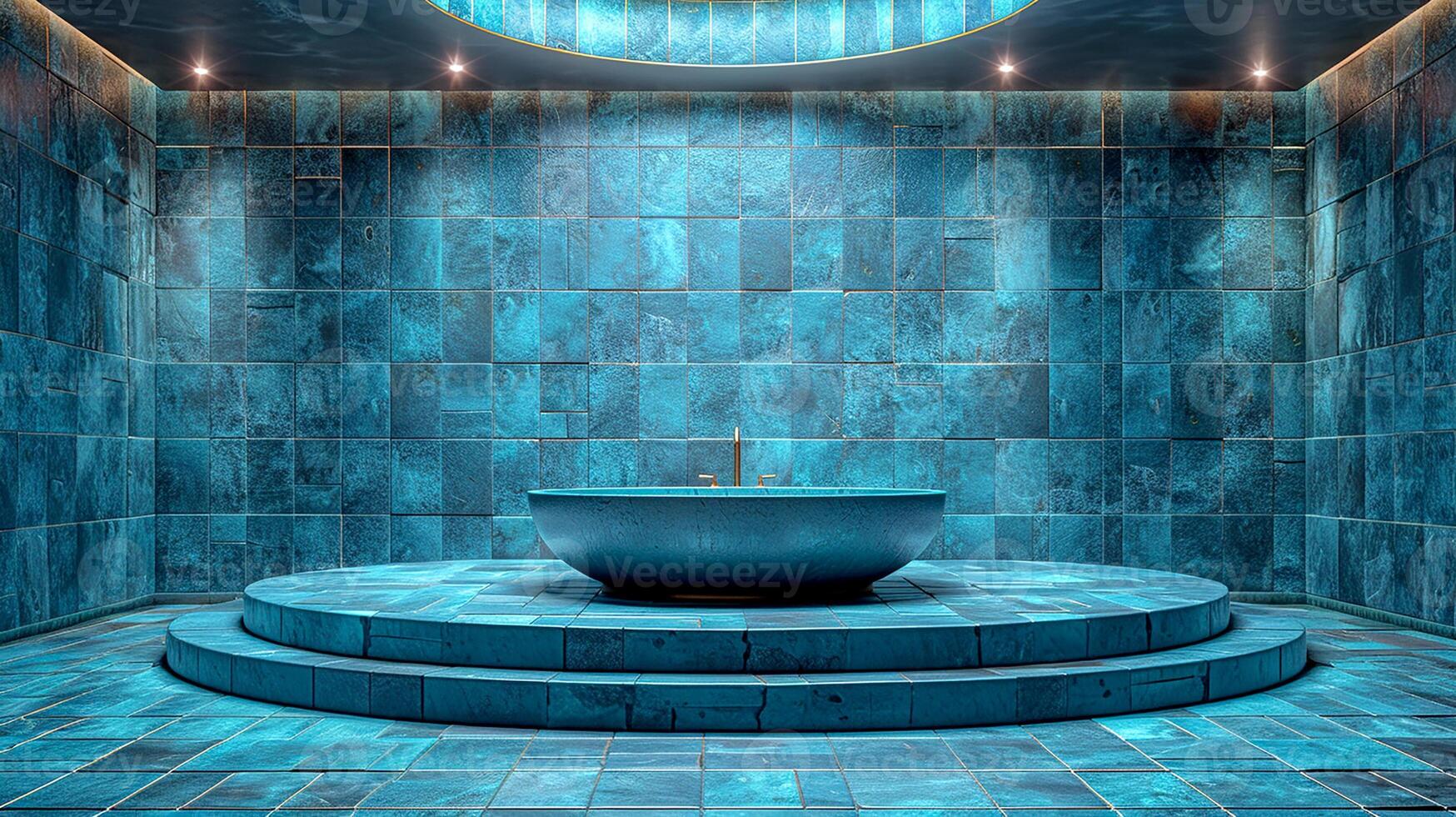 AI generated a blue tiled bathroom with a circular sink photo