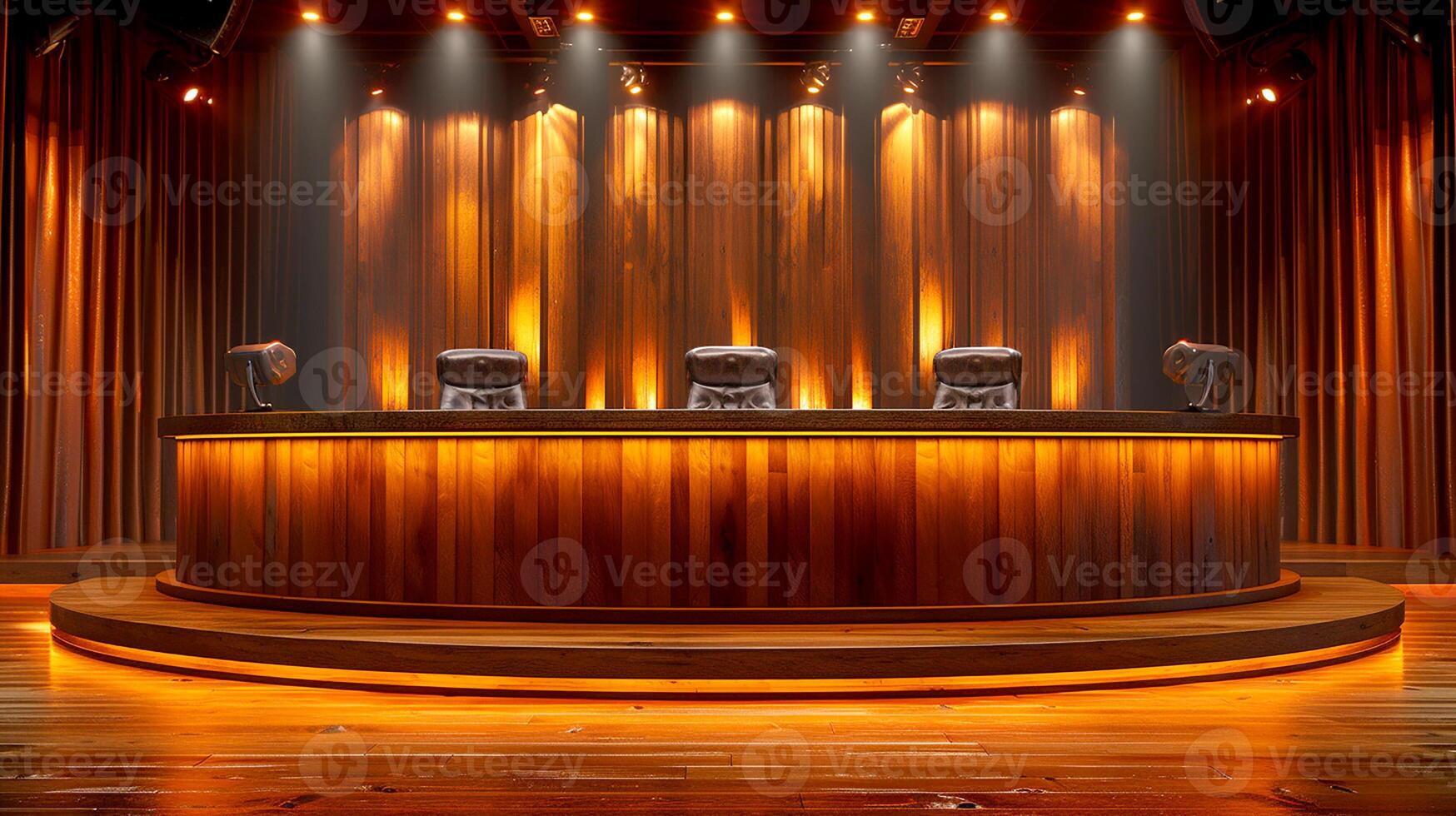 AI generated a stage with a wooden stage and chairs photo