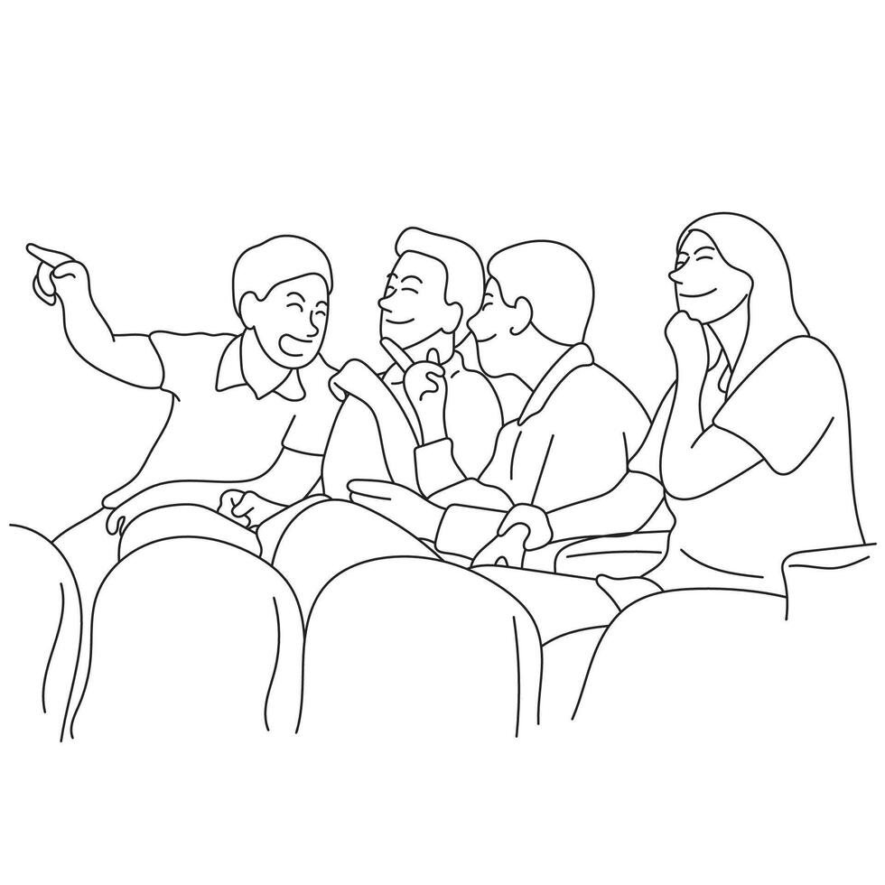 cuatro personas sentado juntos a hablar acerca de alguna cosa ilustración vector mano dibujado aislado en blanco antecedentes
