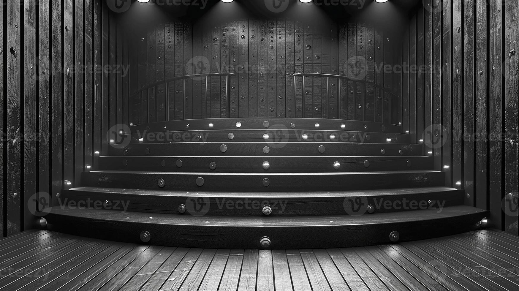 AI generated black and white photo of a room with stairs