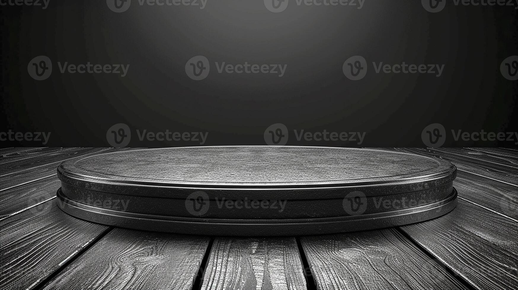 AI generated black pedestal on wooden table with dark background photo