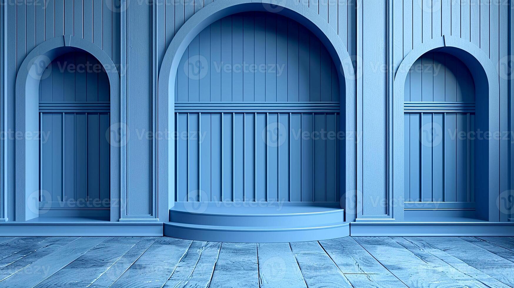 AI generated blue room with arched windows and wooden floor photo