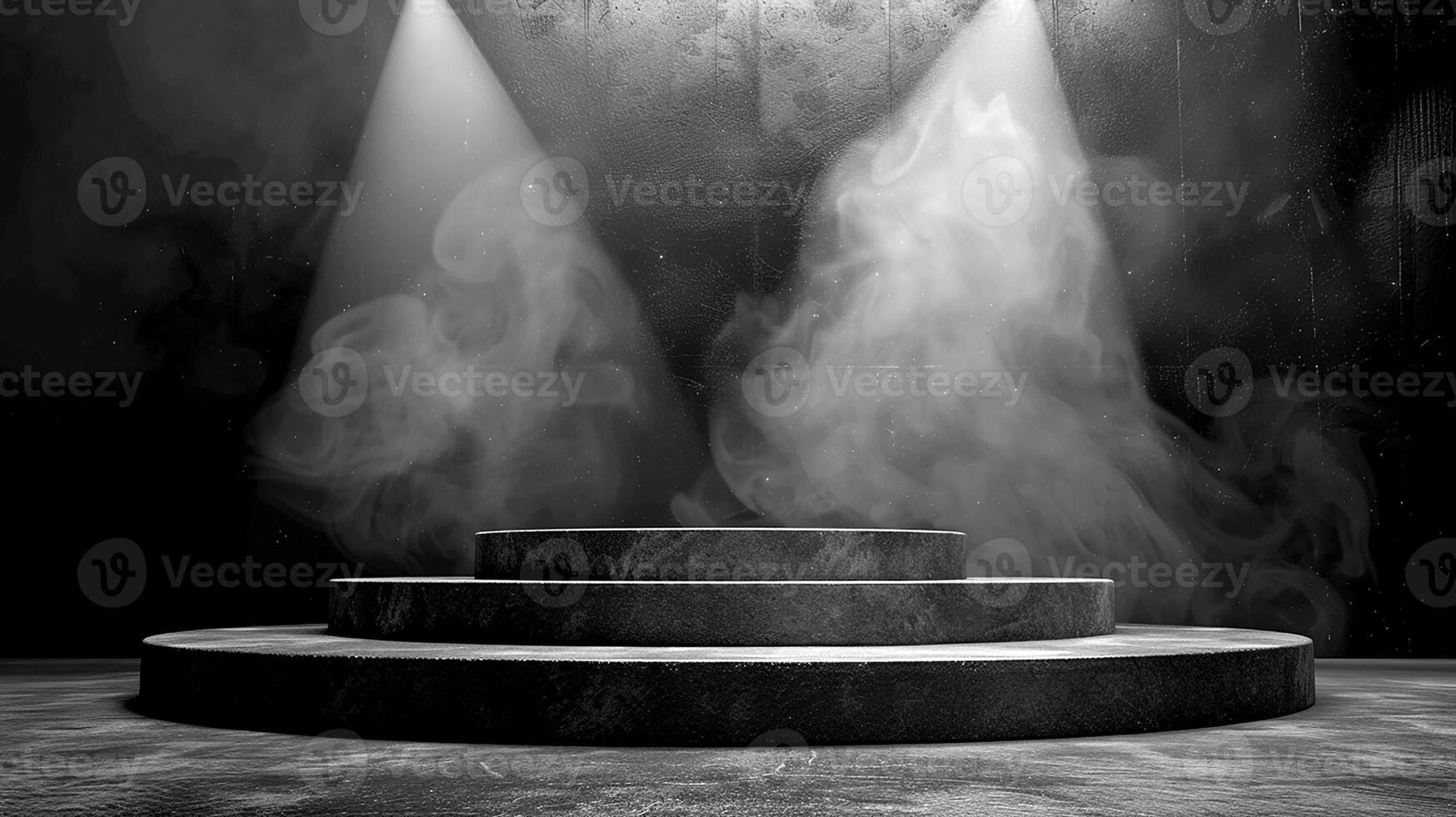 AI generated black and white photo of a stage with smoke coming out of it