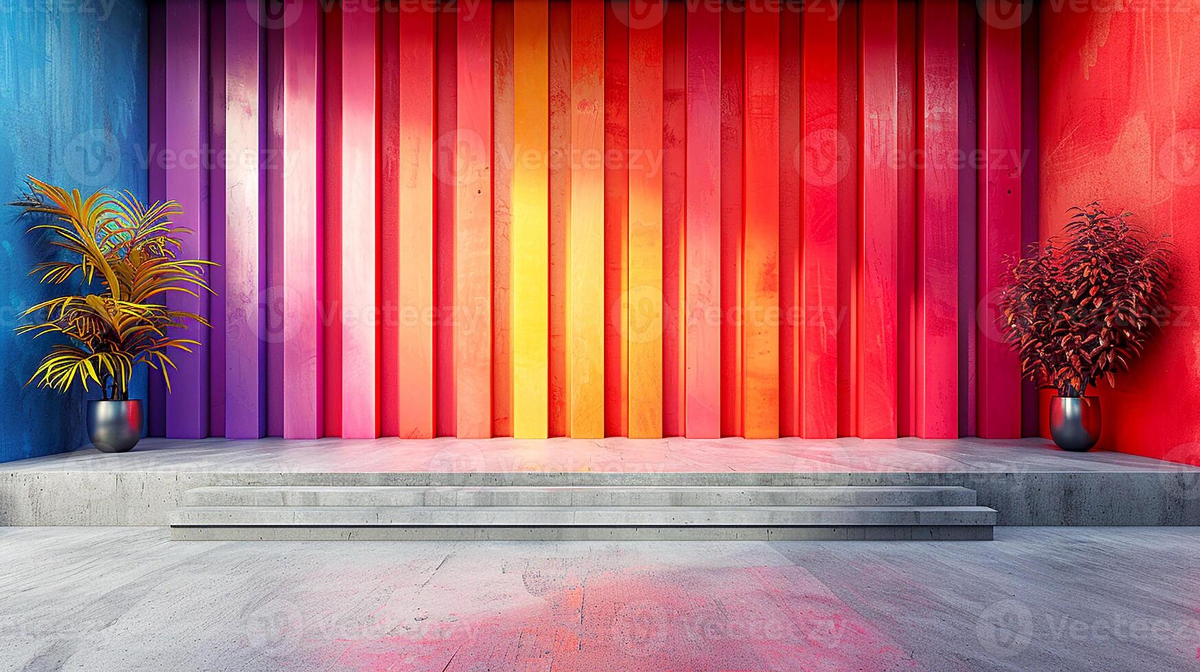 AI generated a colorful wall with a stage and a plant photo