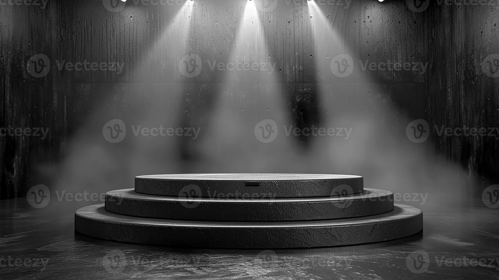 AI generated black and white photo of a stage with a spotlight
