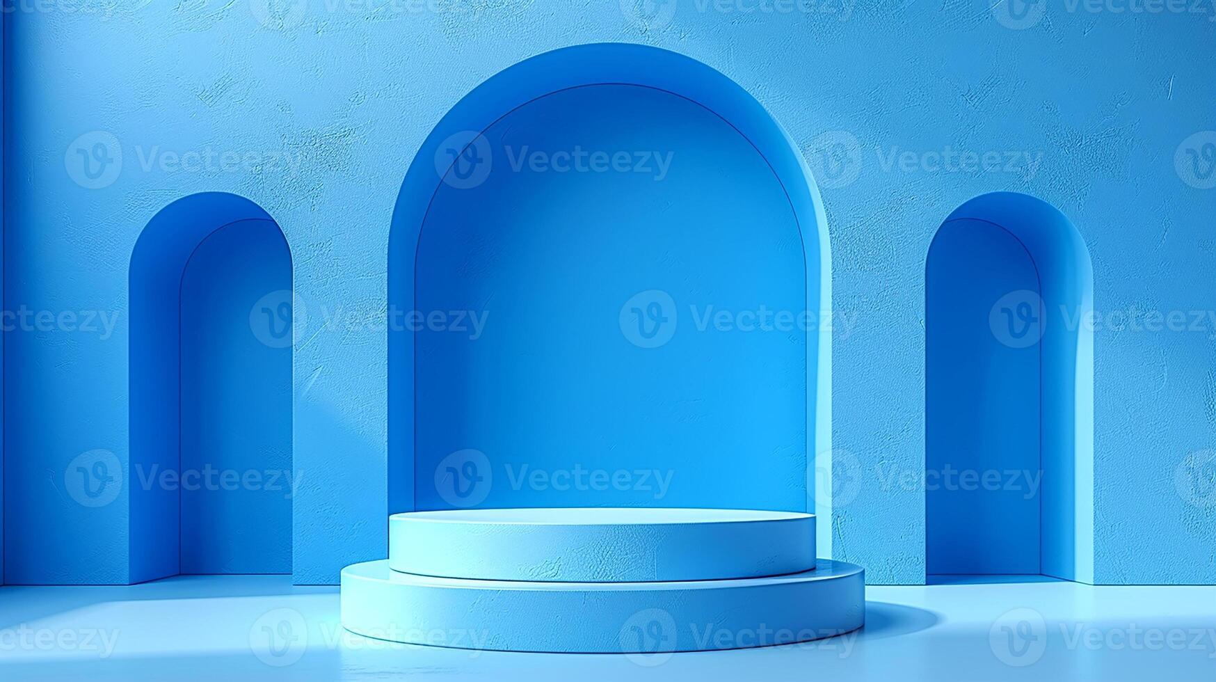 ai generado azul podio con arcos y azul paredes foto