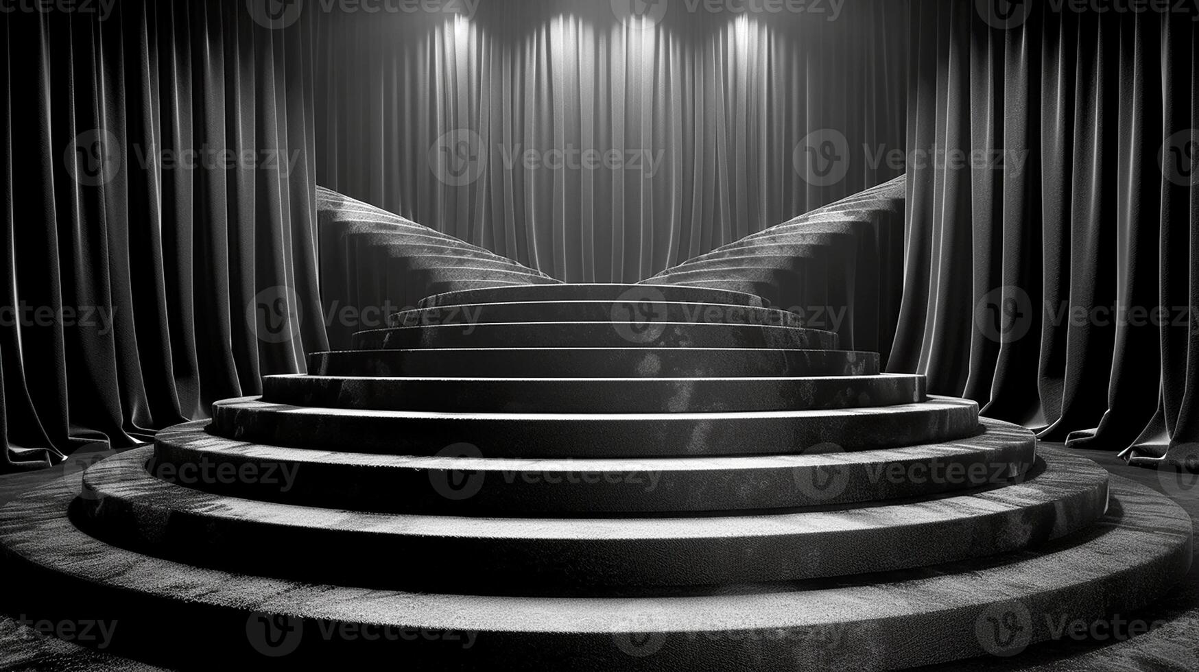 AI generated black and white photo of a stage with a curtain