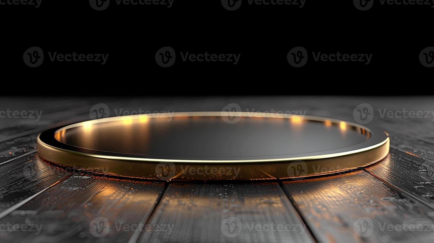 AI generated golden ring on wooden table with black background photo