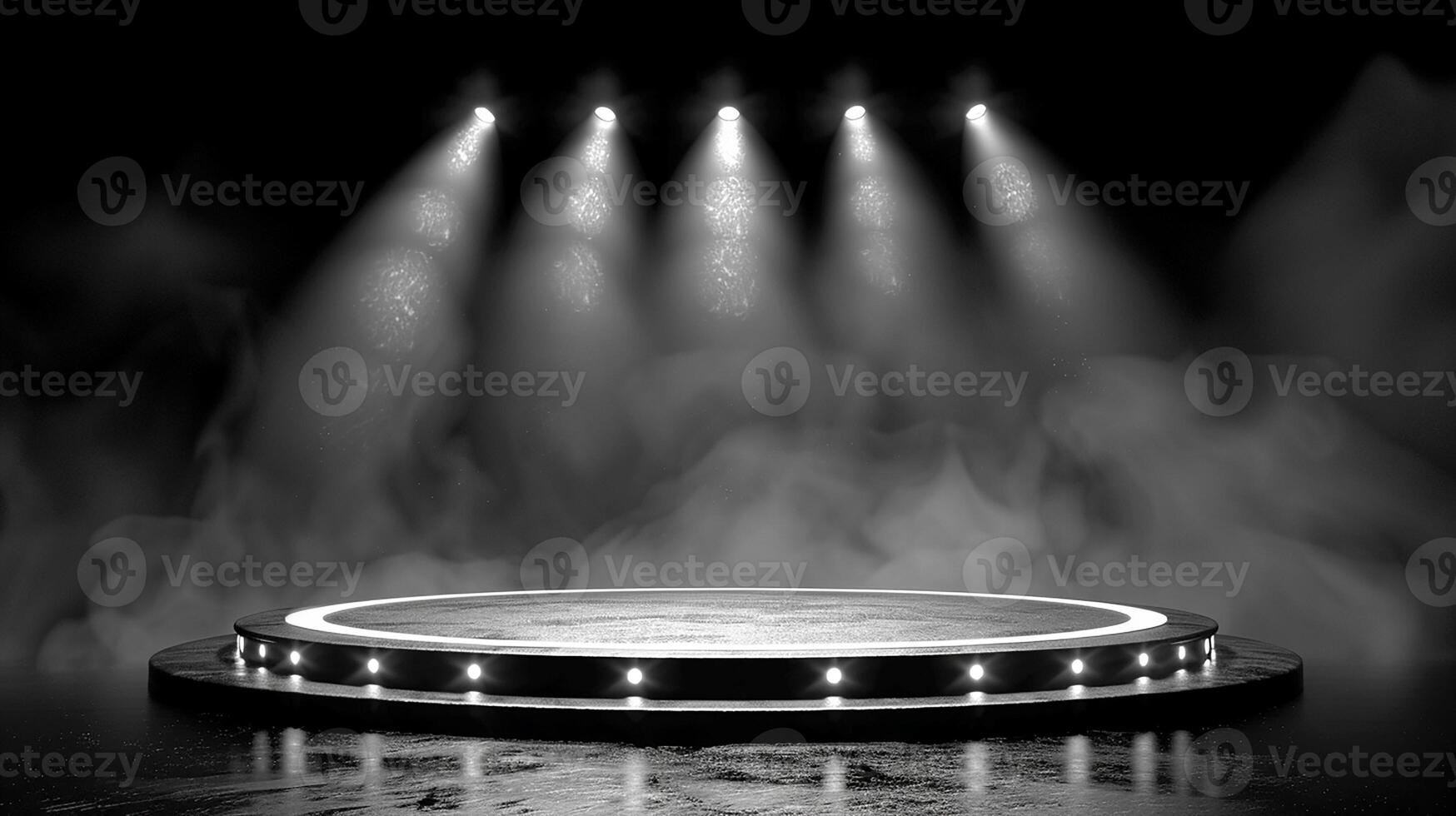 AI generated black and white photo of a stage with lights