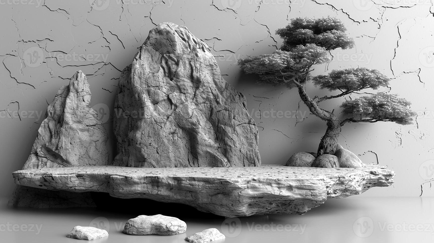 AI generated a tree and rock formation on a rock photo