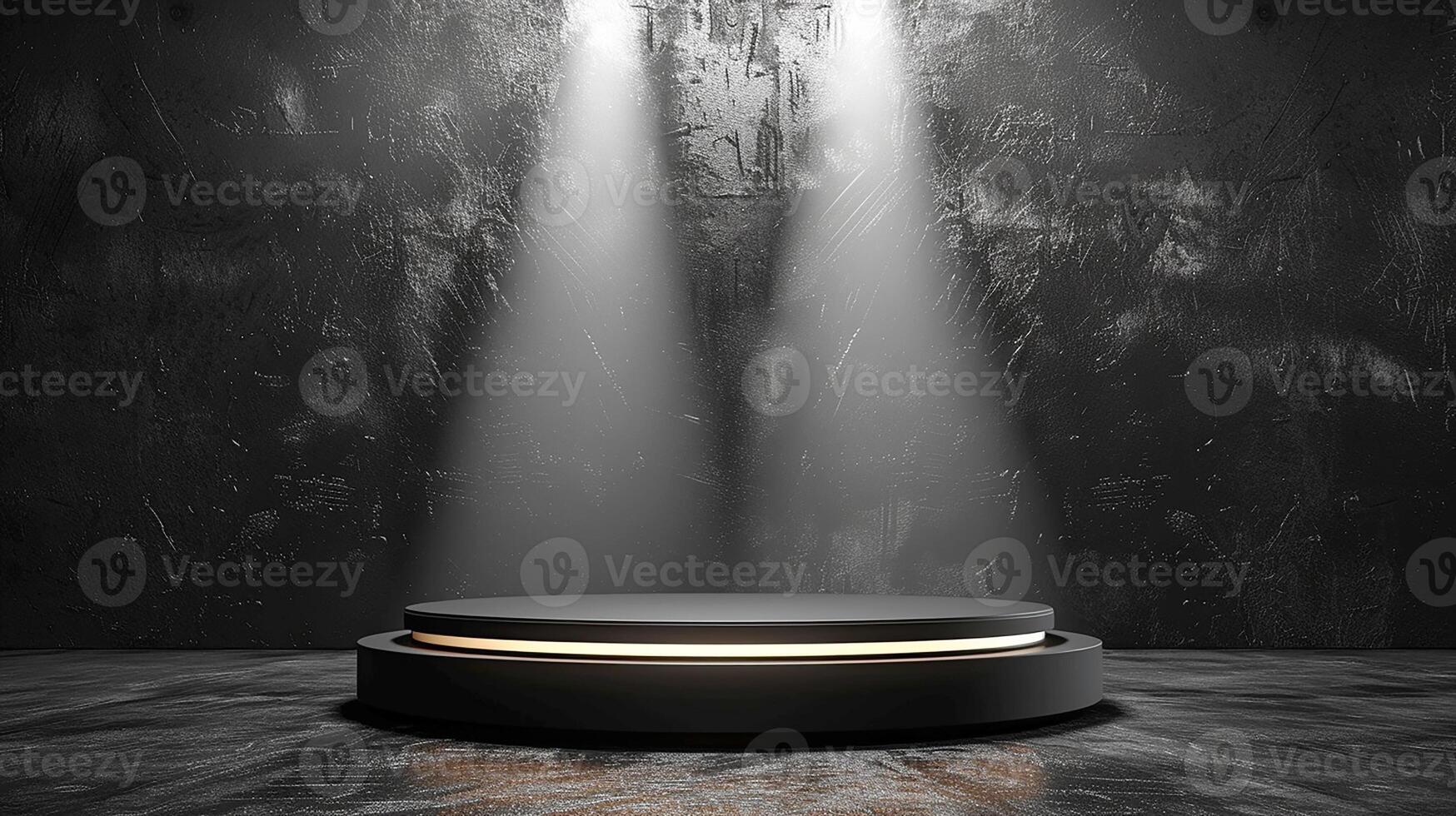 AI generated an empty stage with spotlight beams coming from the ceiling photo