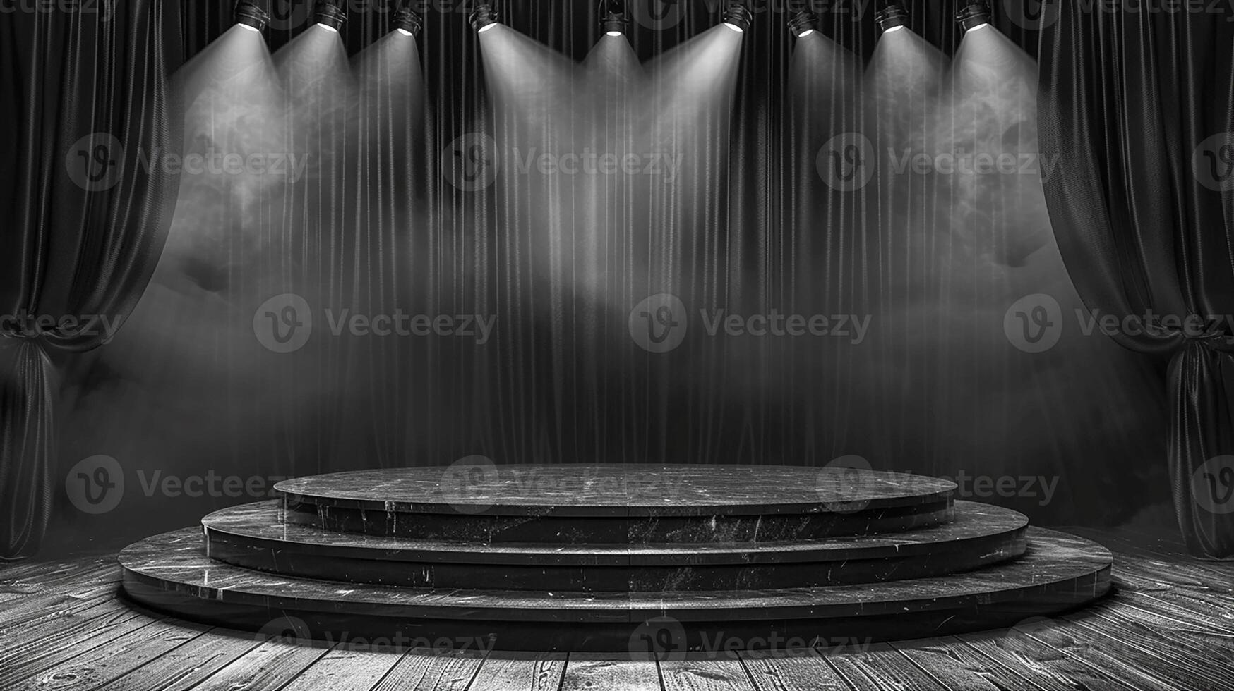 AI generated black and white photo of stage with curtain and stage lights