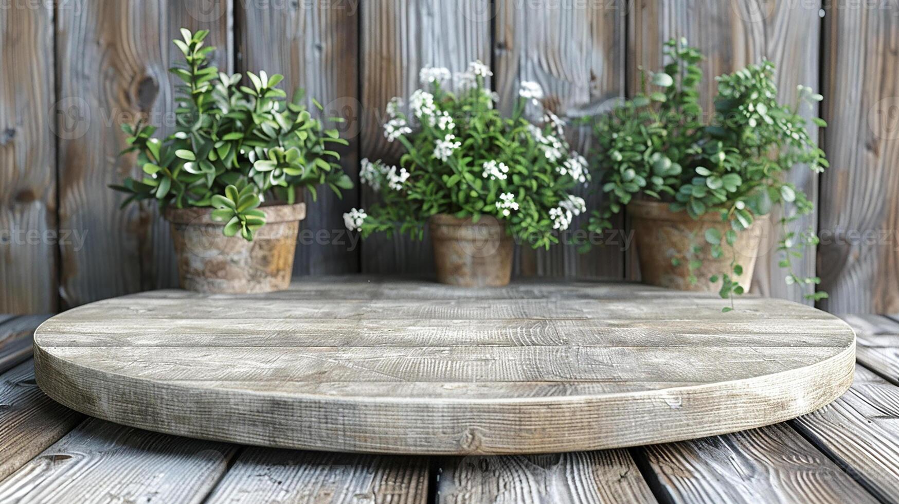 AI generated three potted plants on a wooden table photo