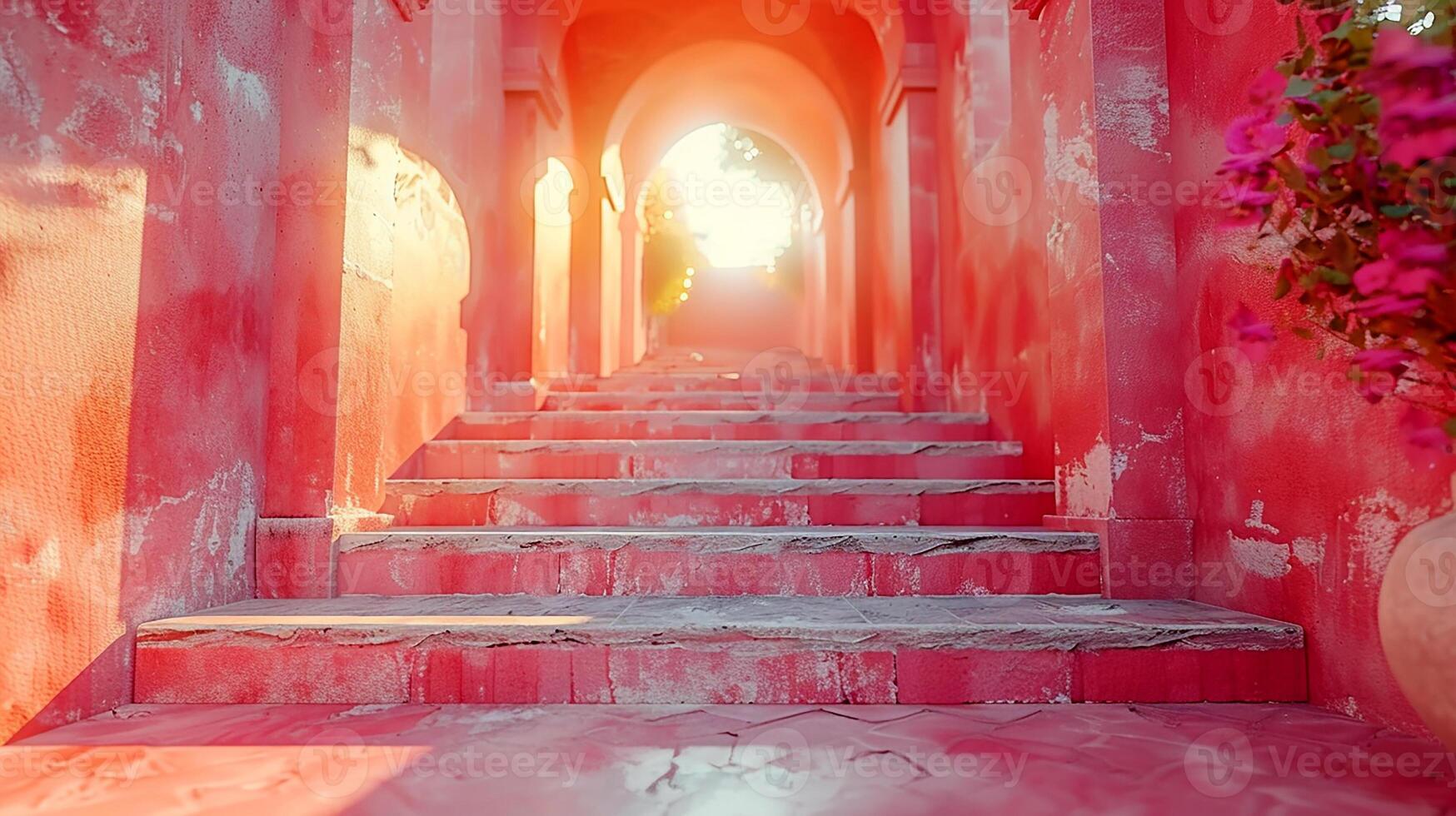 AI generated a stairway with pink walls and flowers in the sun photo