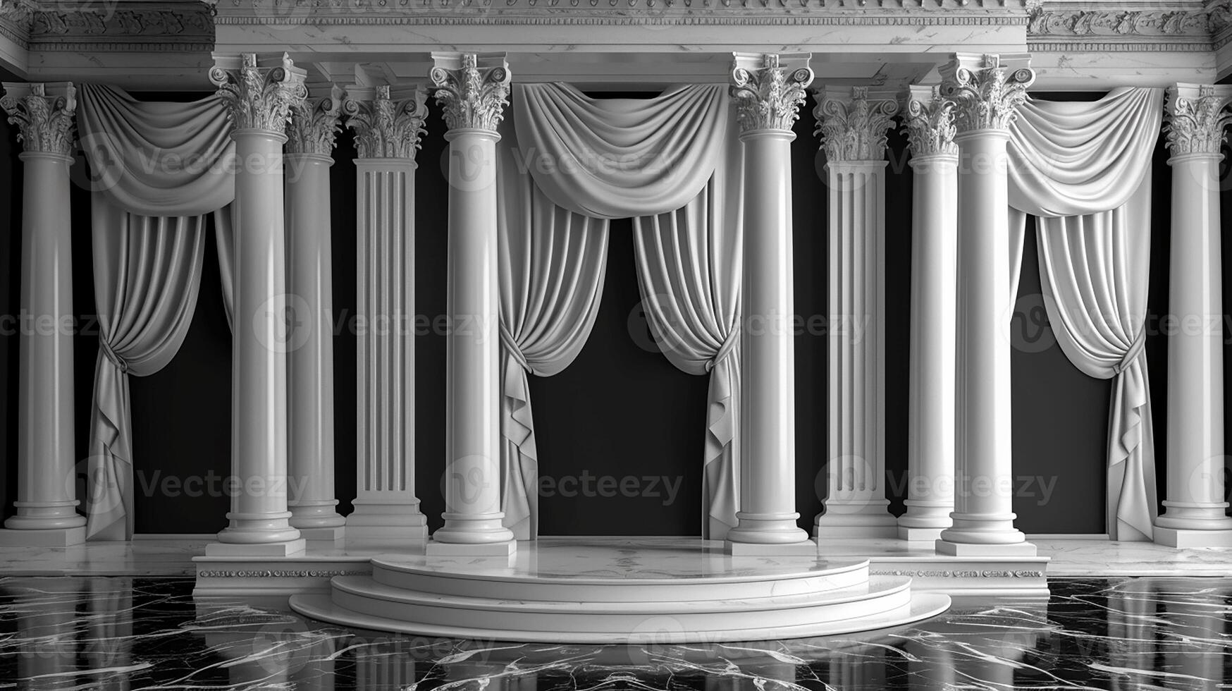 AI generated a black and white photo of a room with columns