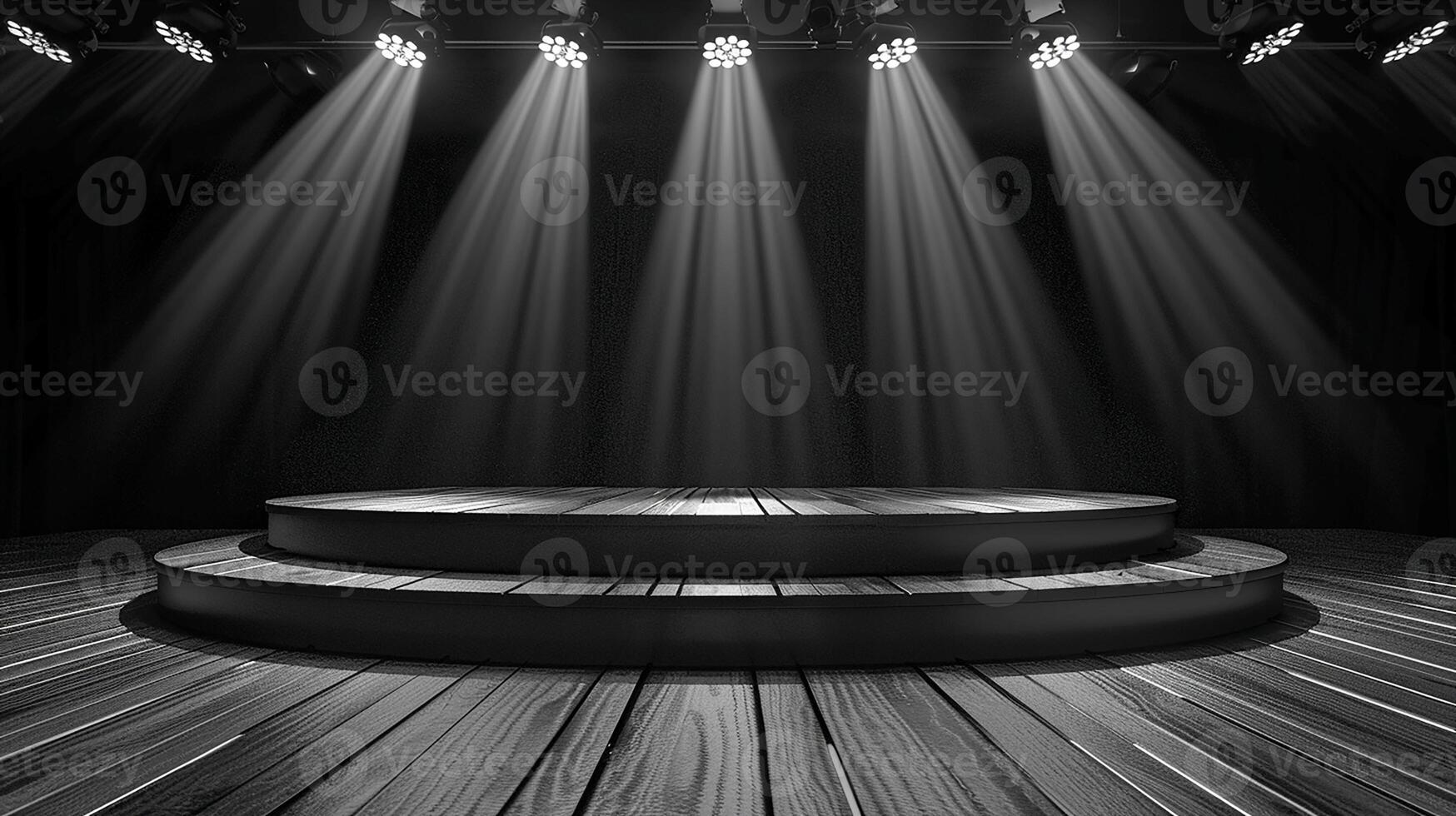 AI generated black and white photo of a stage with spotlight
