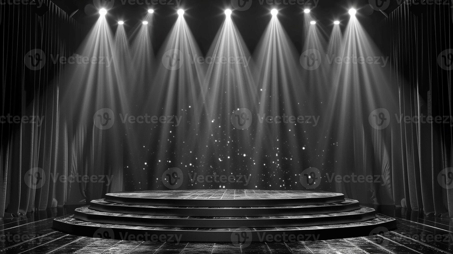 AI generated black and white photo of a stage with lights